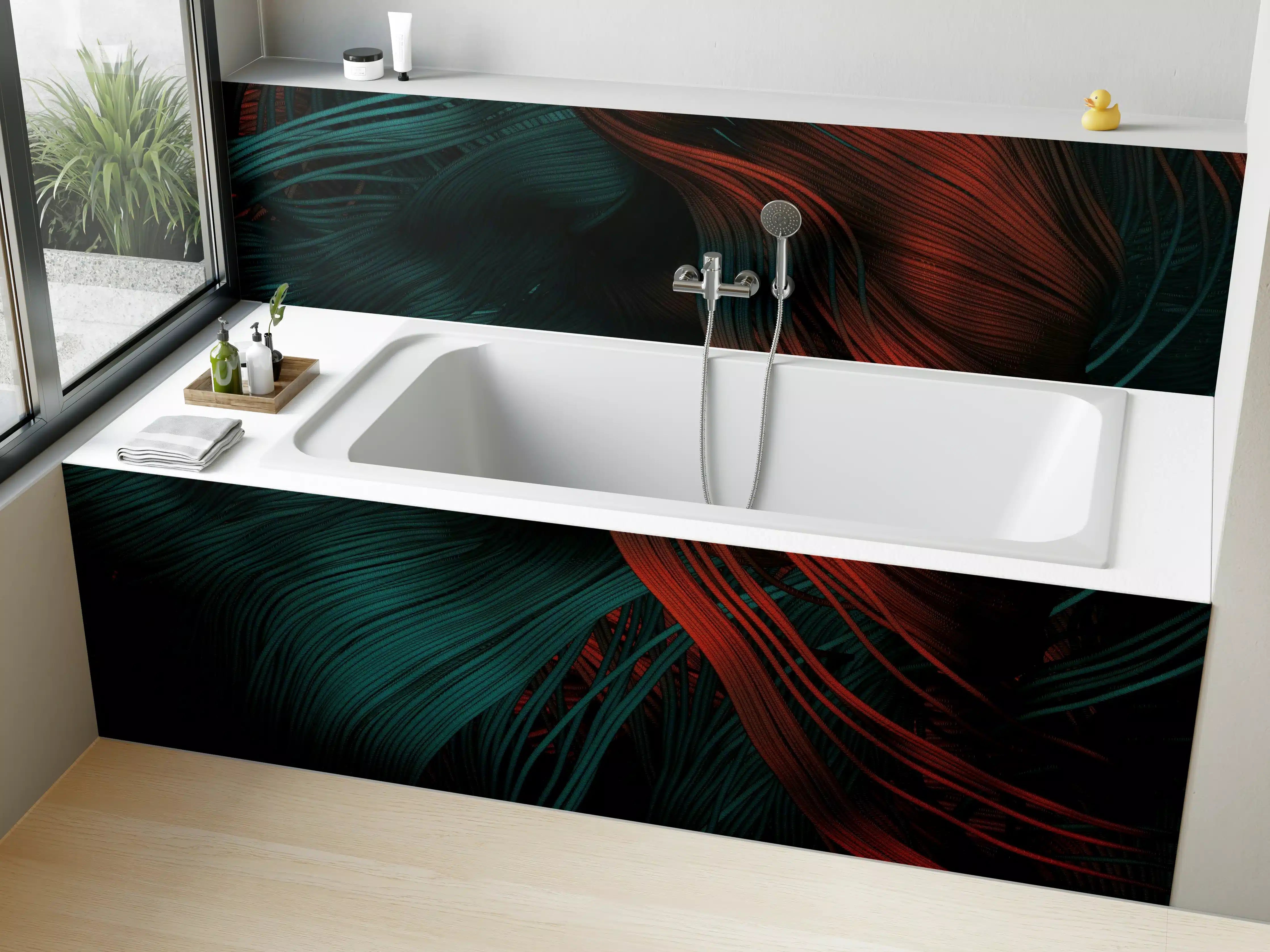 Badewannen-Rückwand - Dunkle, detailreiche Textur mit roten und grünen Akzenten