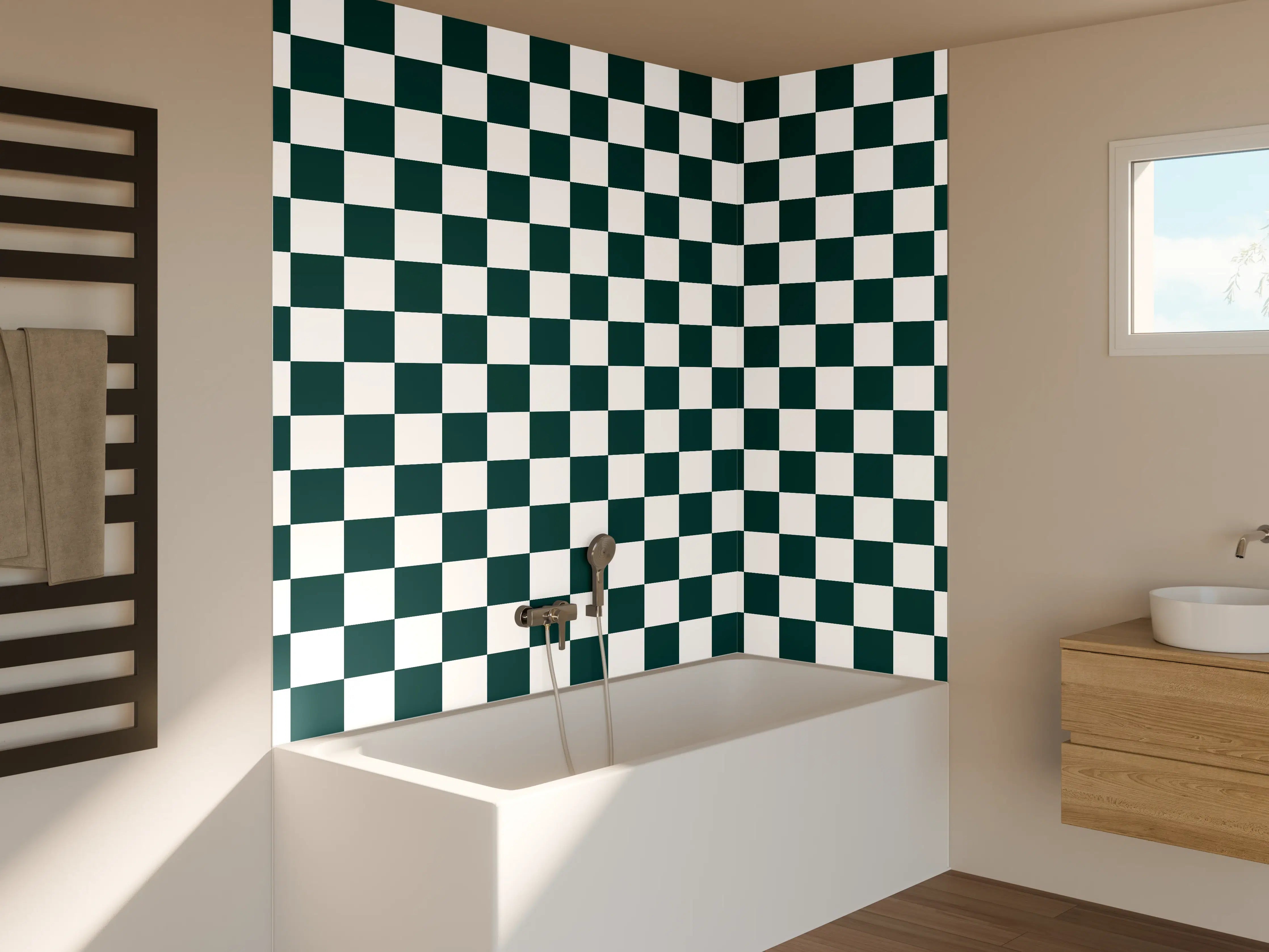 Badewannen-Rückwand - Dunkles Karomuster mit Grüntönen
