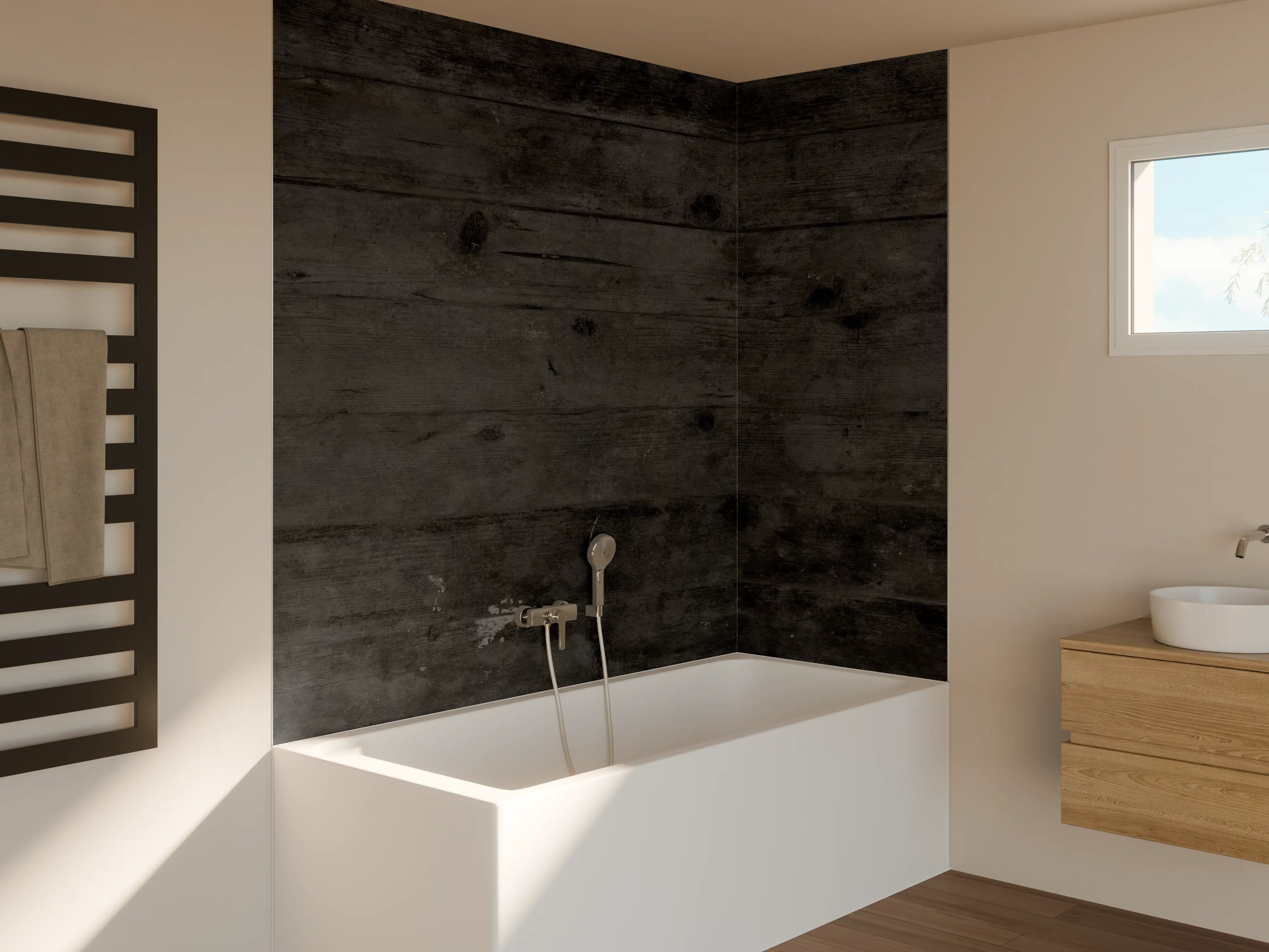 Badewannen-Rückwand - Dunkles altes Hartholz