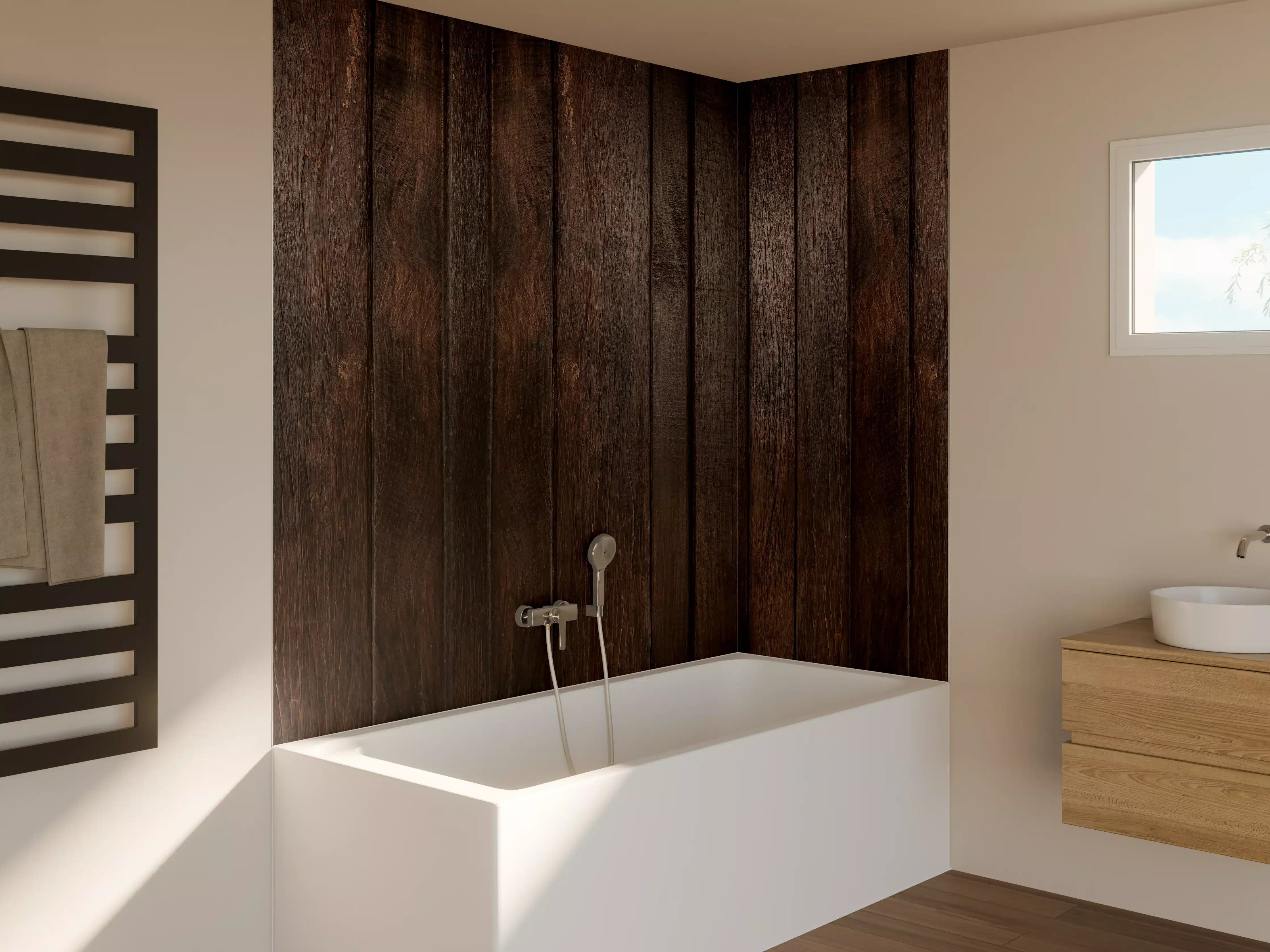 Badewannen-Rückwand - Dunkles glasiertes Holz