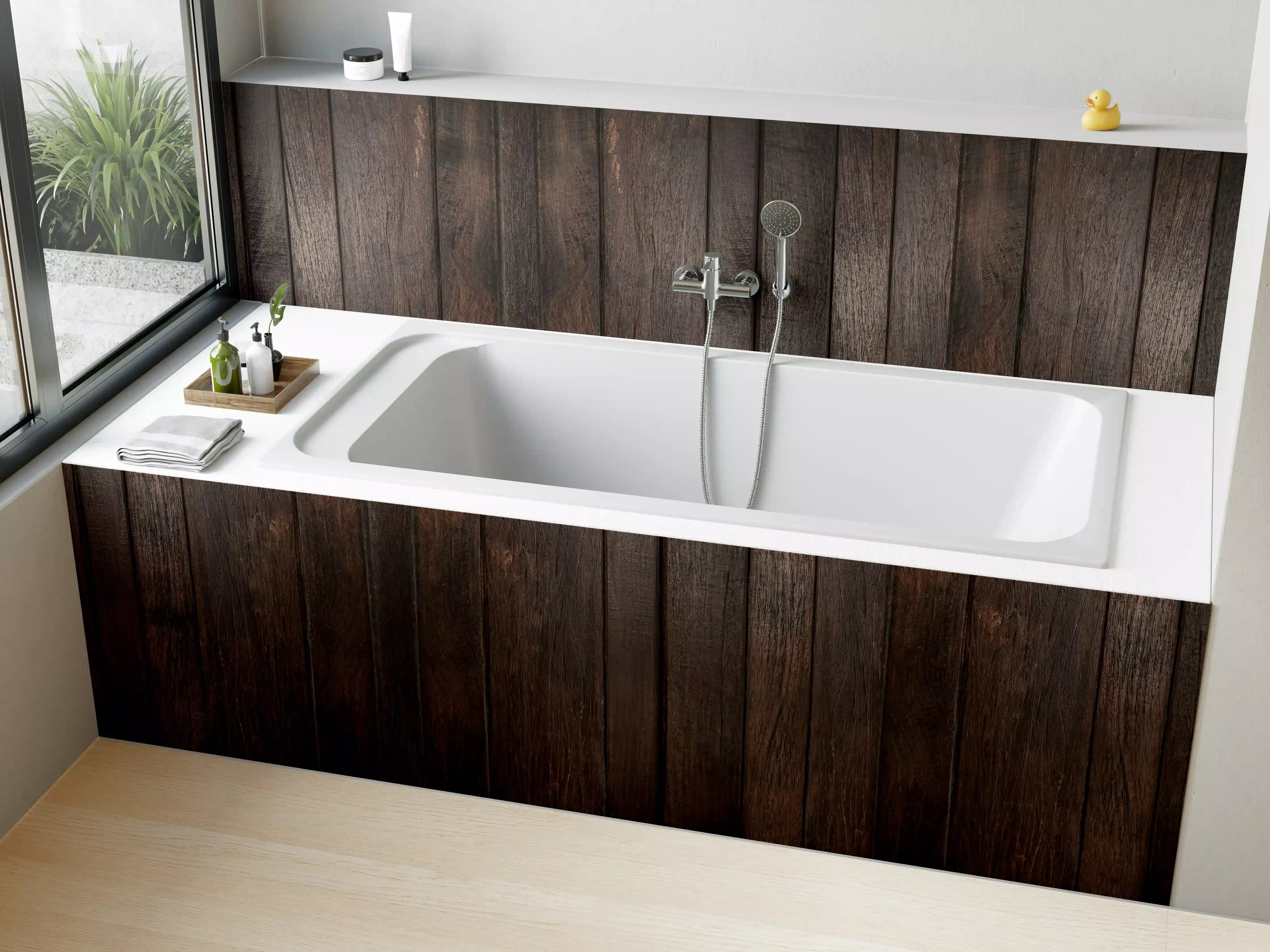 Badewannen-Rückwand - Dunkles glasiertes Holz