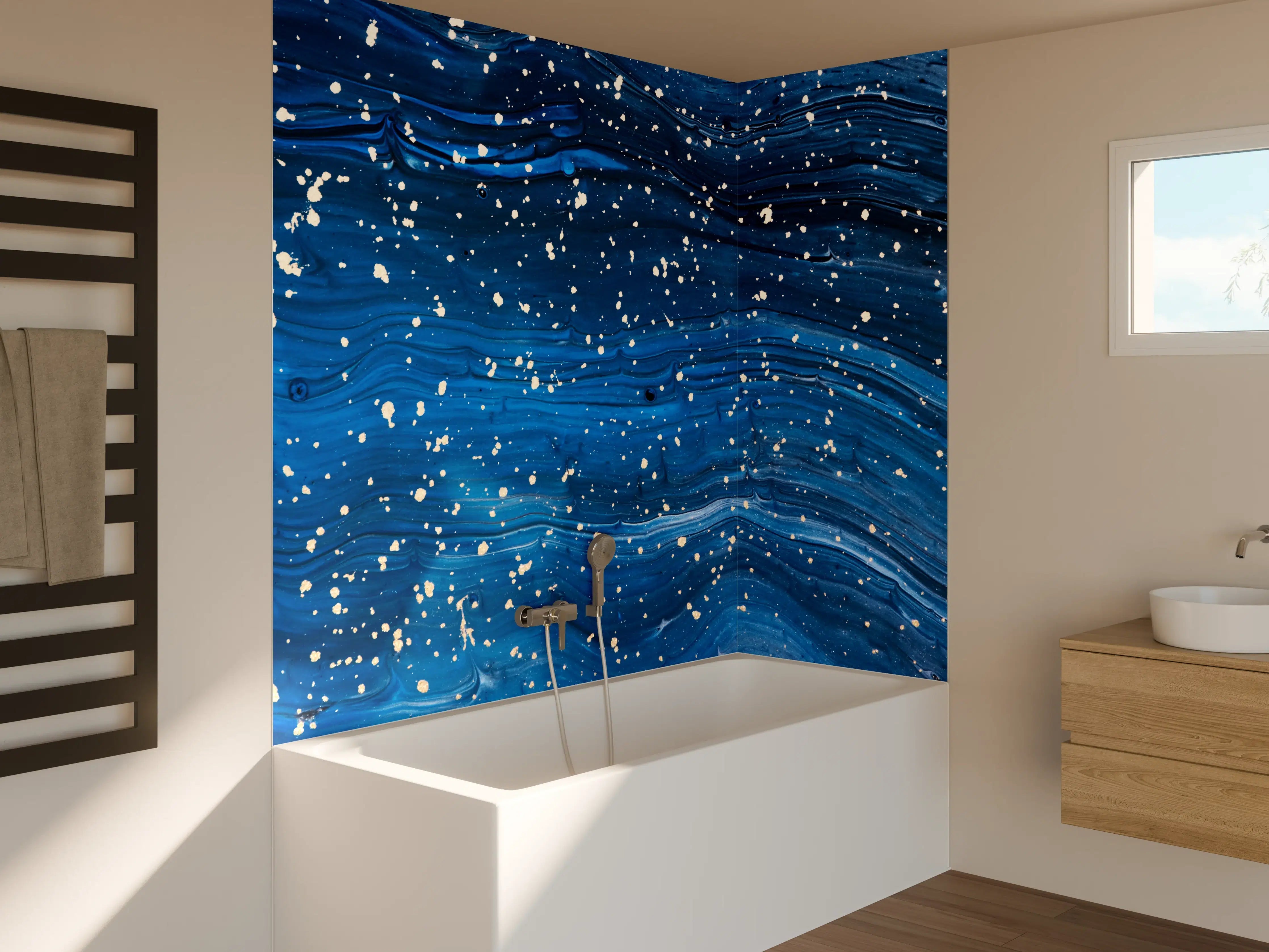 Badewannen-Rückwand - Dynamische Wasserströme in Blautönen