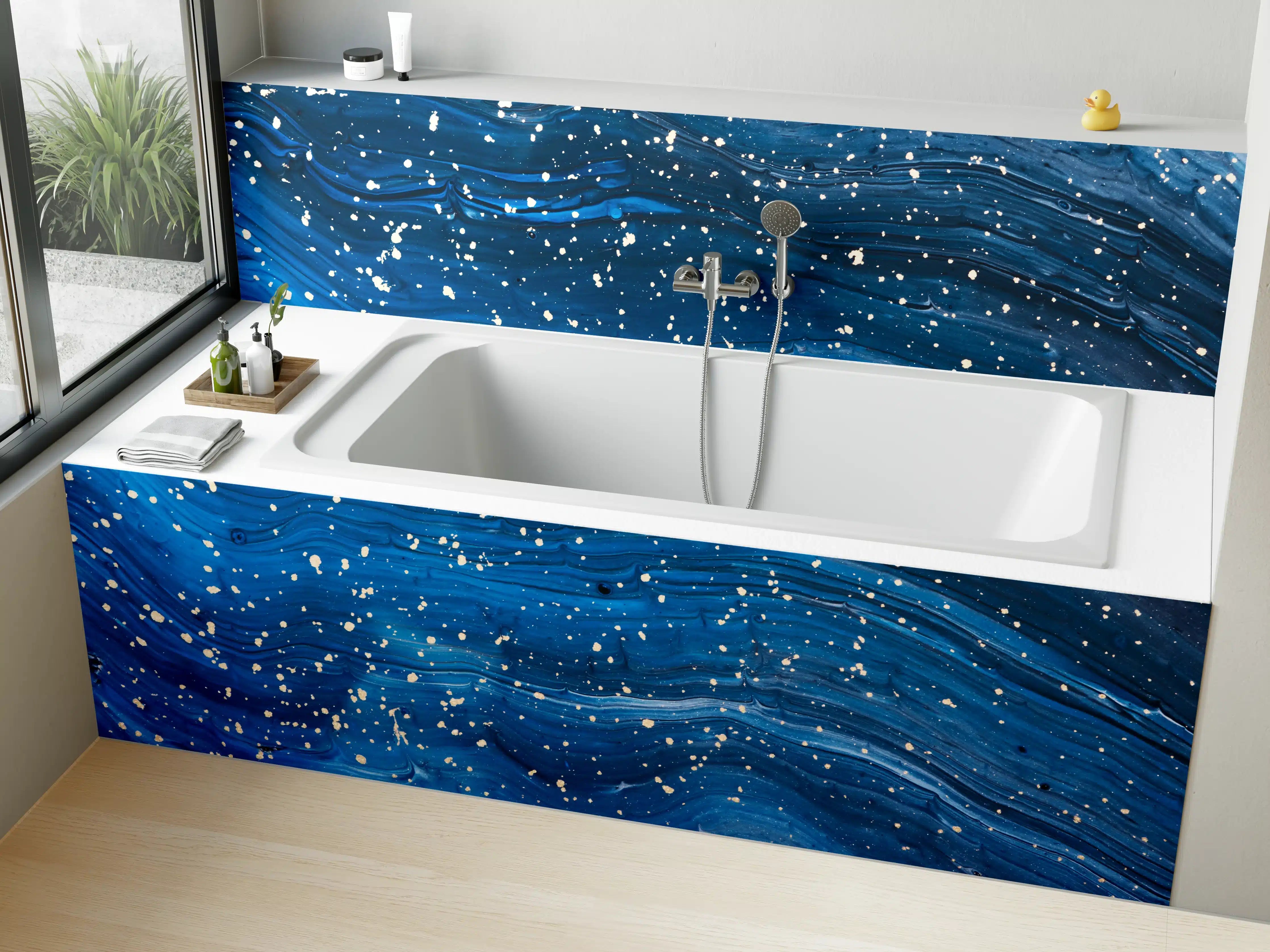 Badewannen-Rückwand - Dynamische Wasserströme in Blautönen