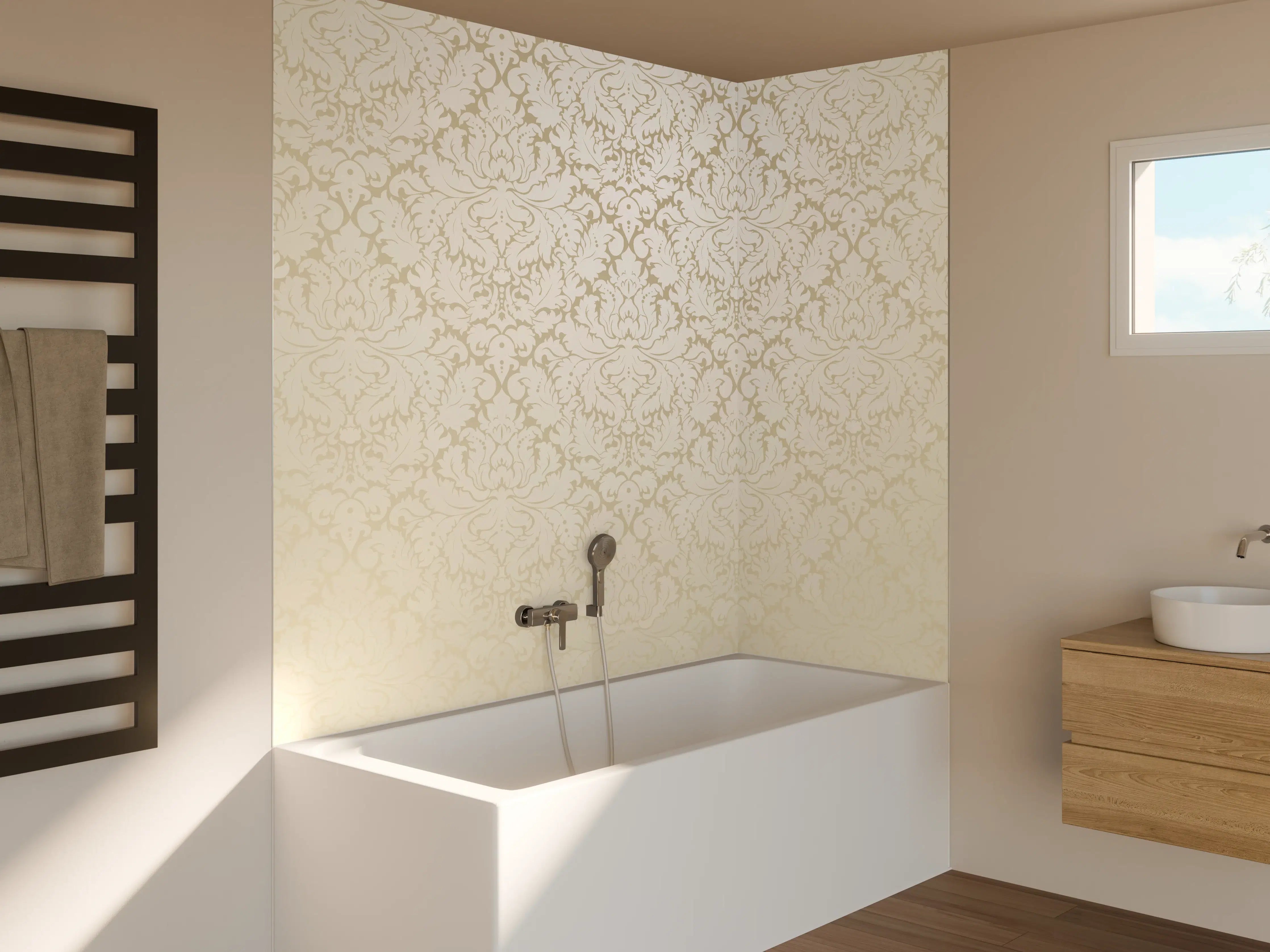 Badewannen-Rückwand - Edle Creme-Gold Damast-Tapete