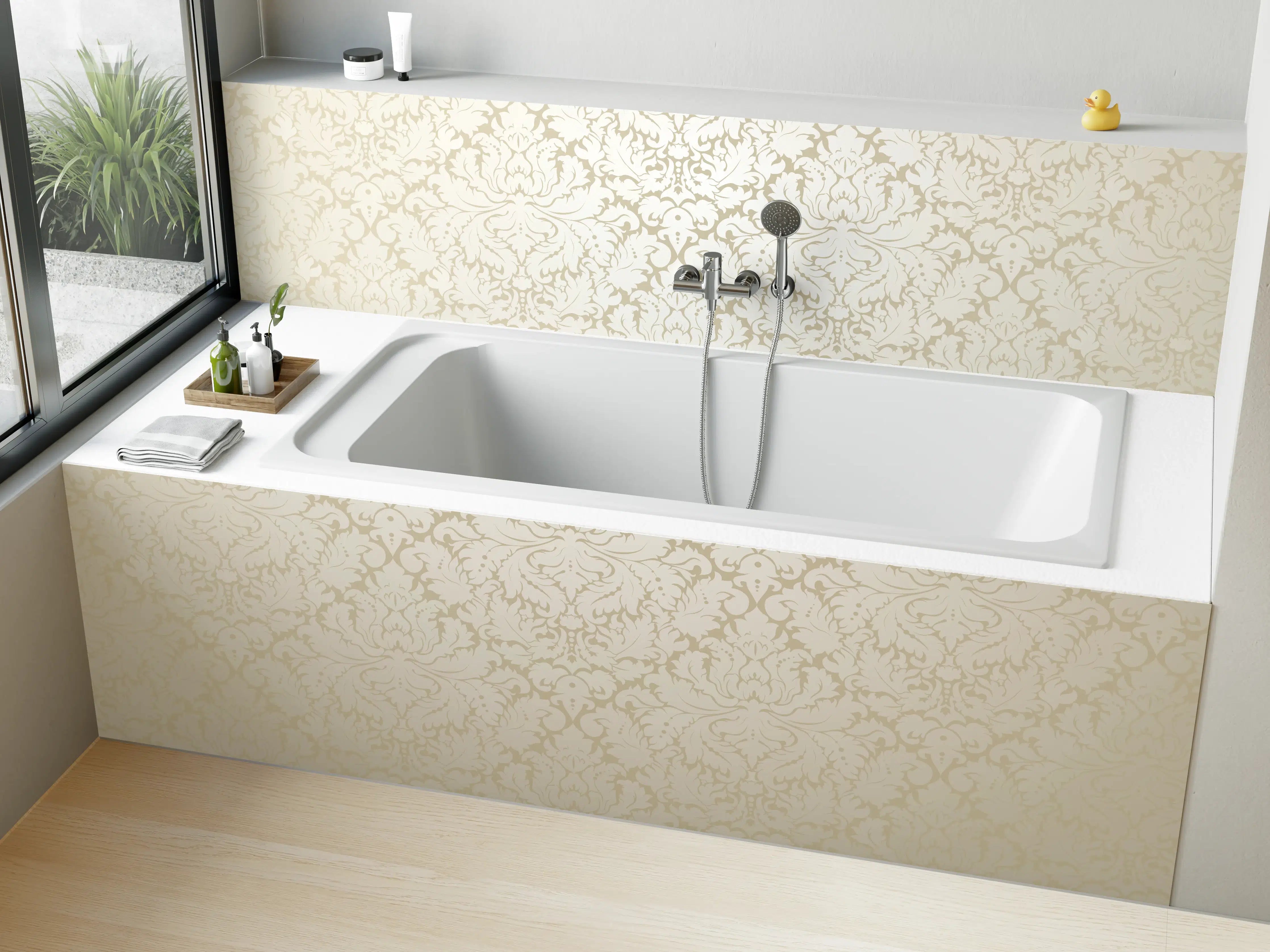 Badewannen-Rückwand - Edle Creme-Gold Damast-Tapete