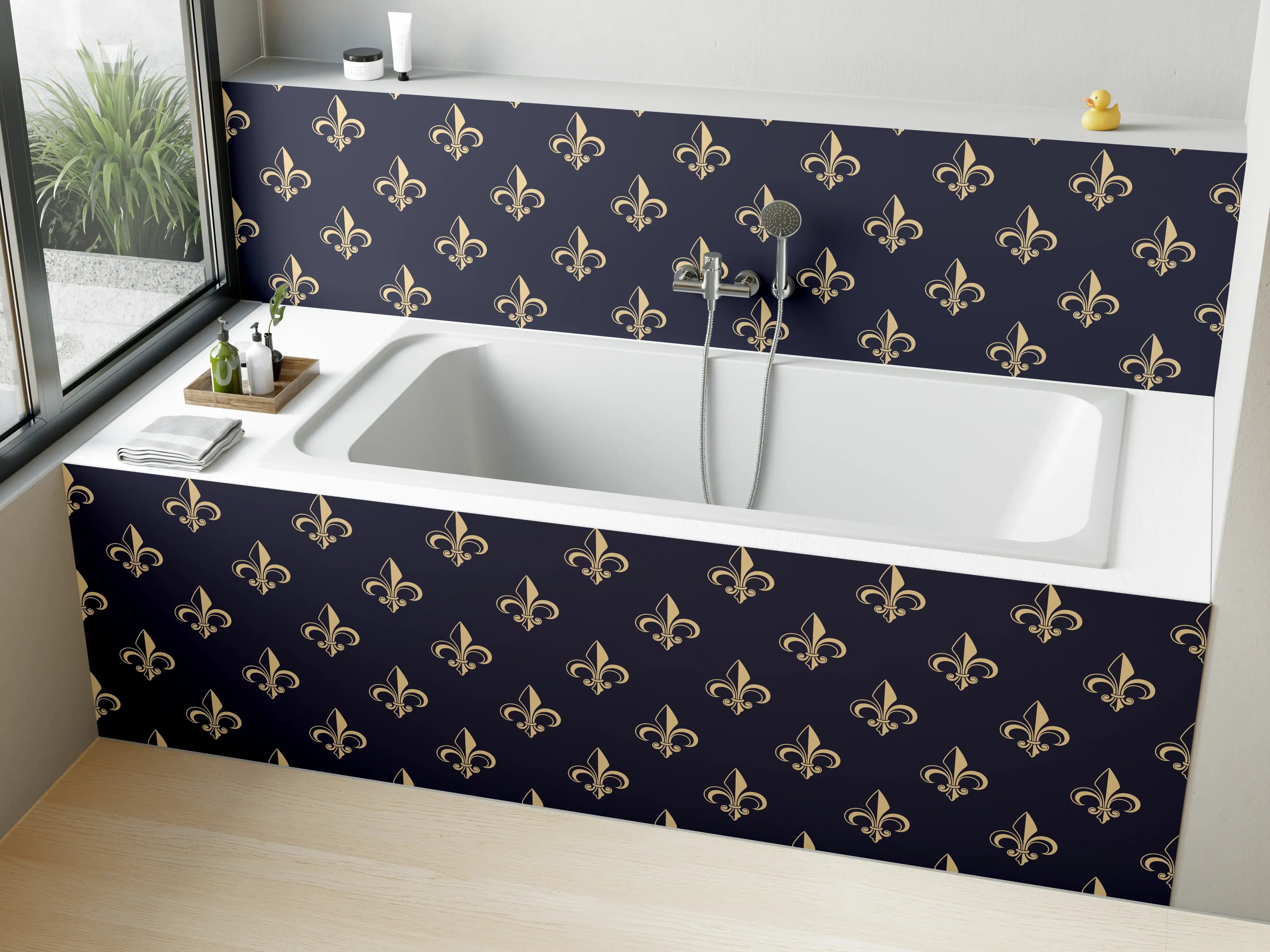 Badewannen-Rückwand - Edles Fleur-de-Lis Muster Dunkelblau
