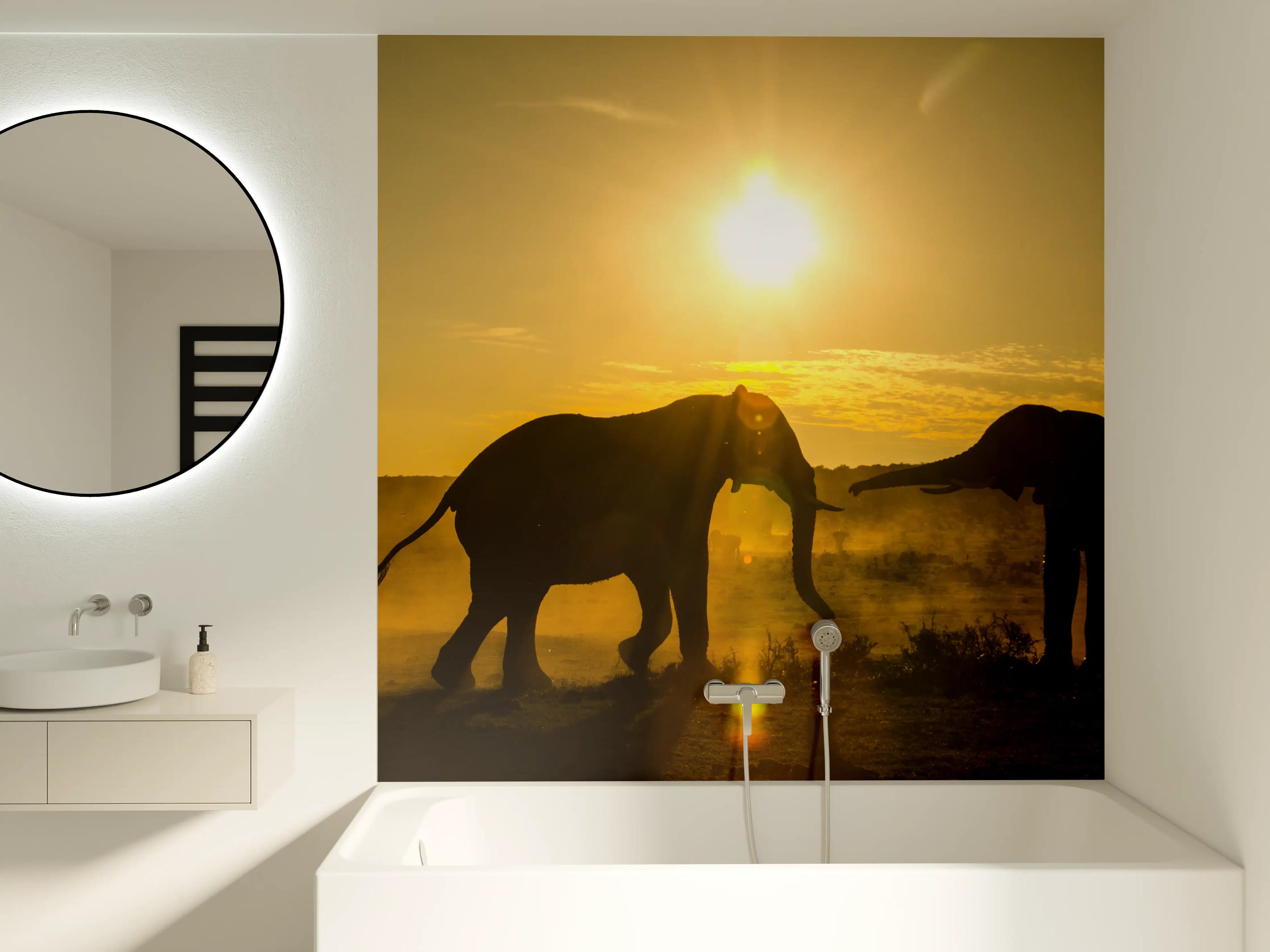 Badewannen-Rückwand - Elefanten bei Sonnenuntergang