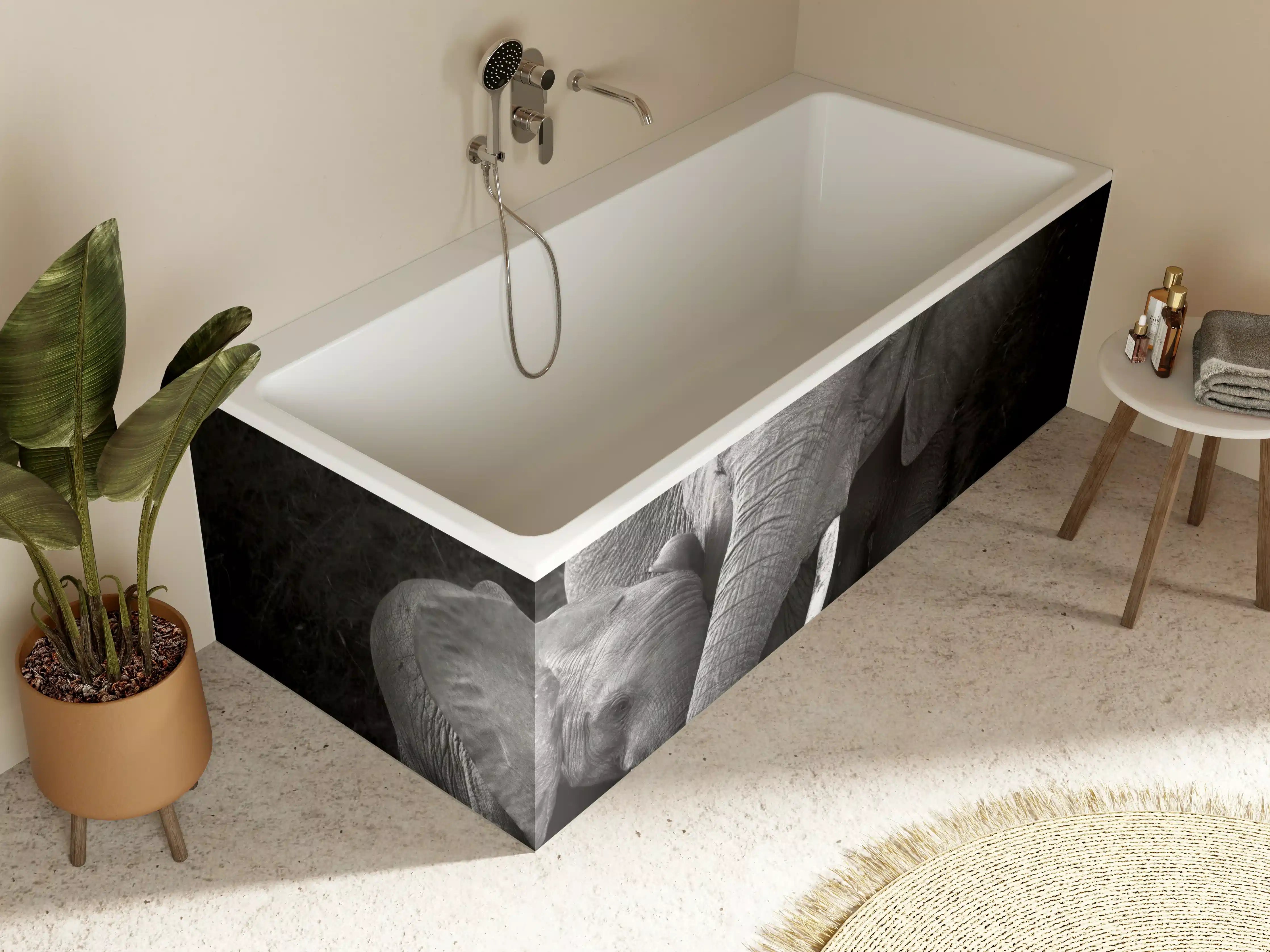 Badewannen-Rückwand - Elefanten in der Natur - schwarz-weiß