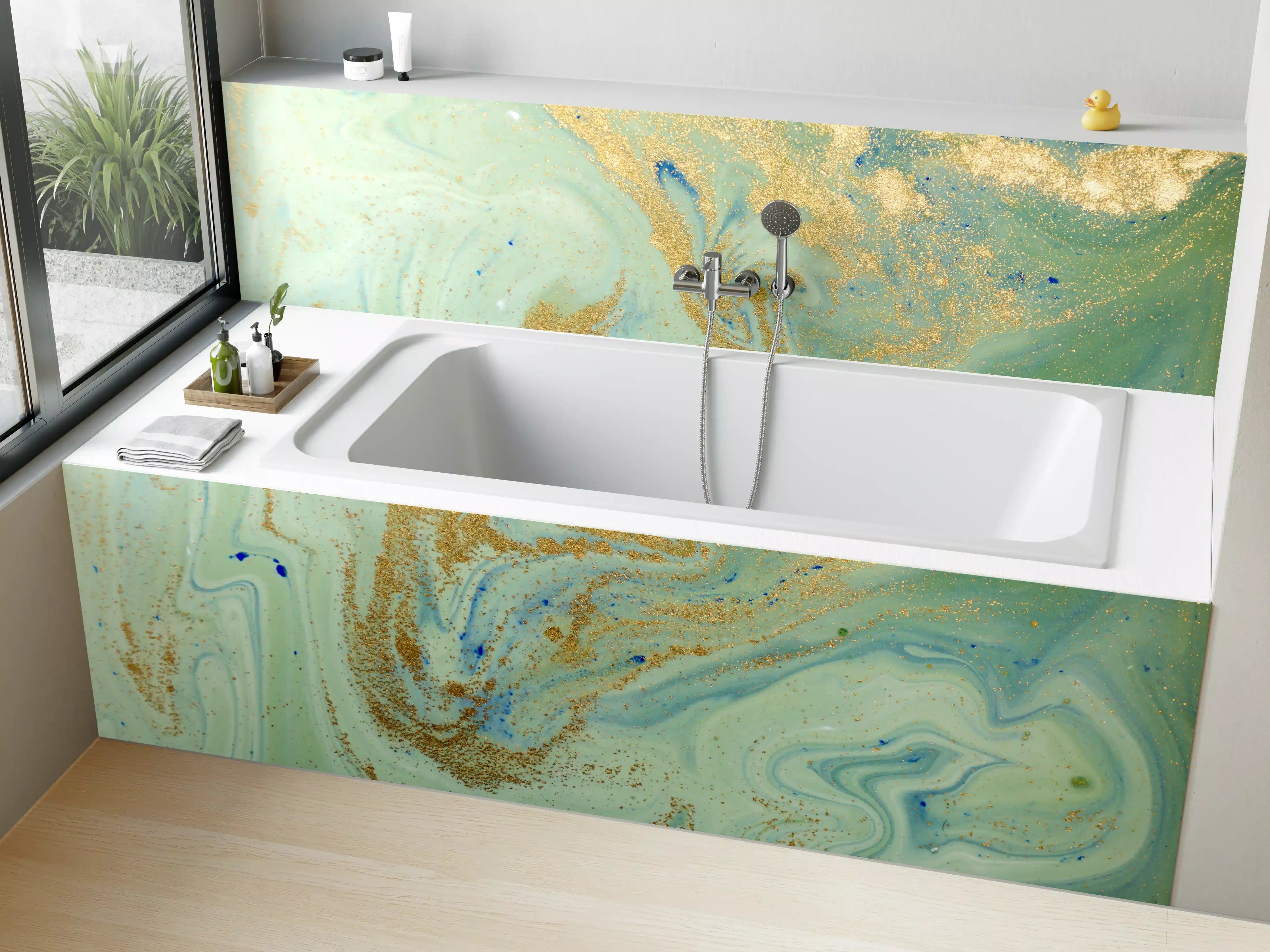 Badewannen-Rückwand - Elegant bunte Marmor-Textur mit Goldakzenten