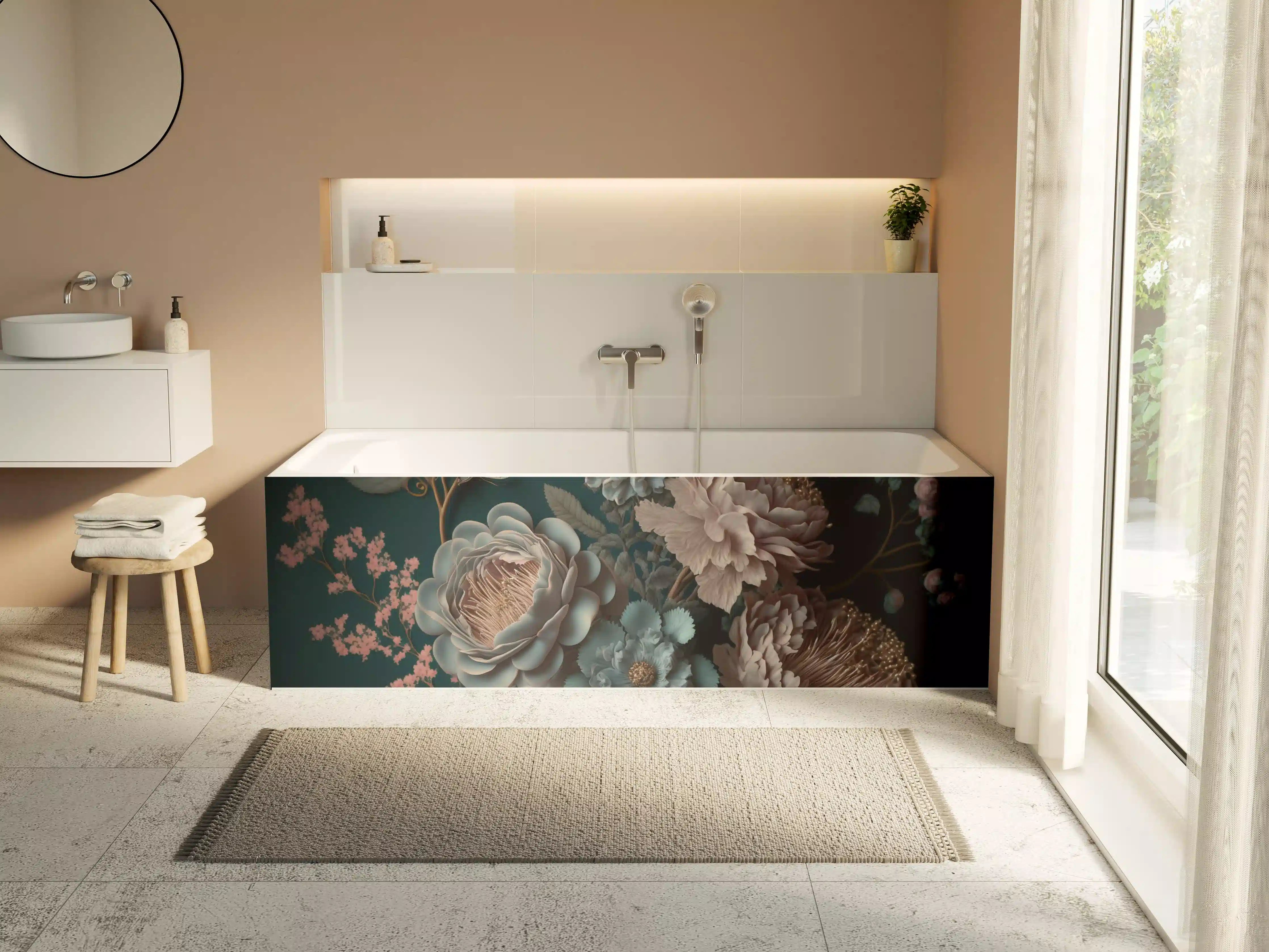 Badewannen-Rückwand - Elegant, dunkle Blumenkomposition