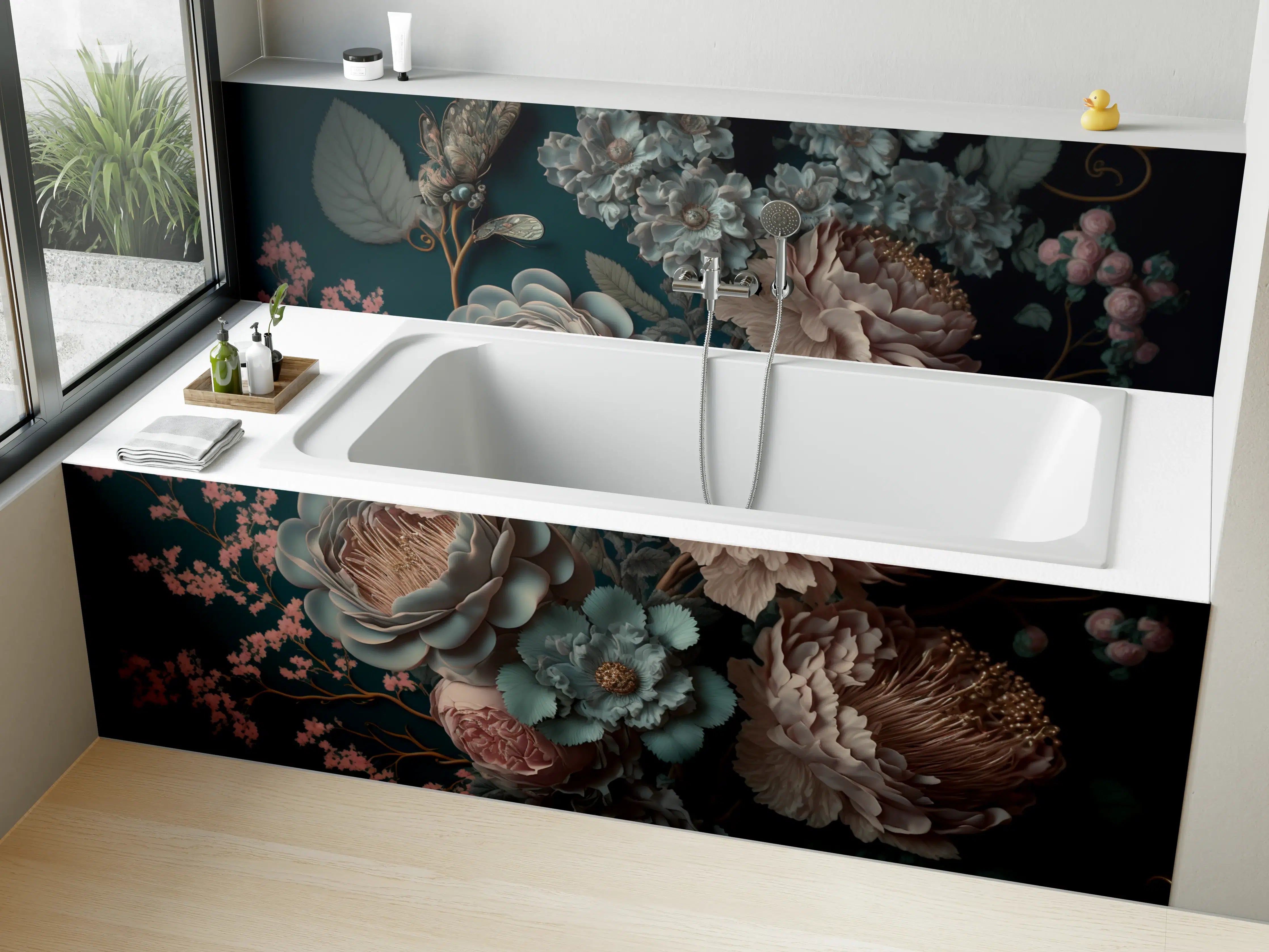 Badewannen-Rückwand - Elegant, dunkle Blumenkomposition