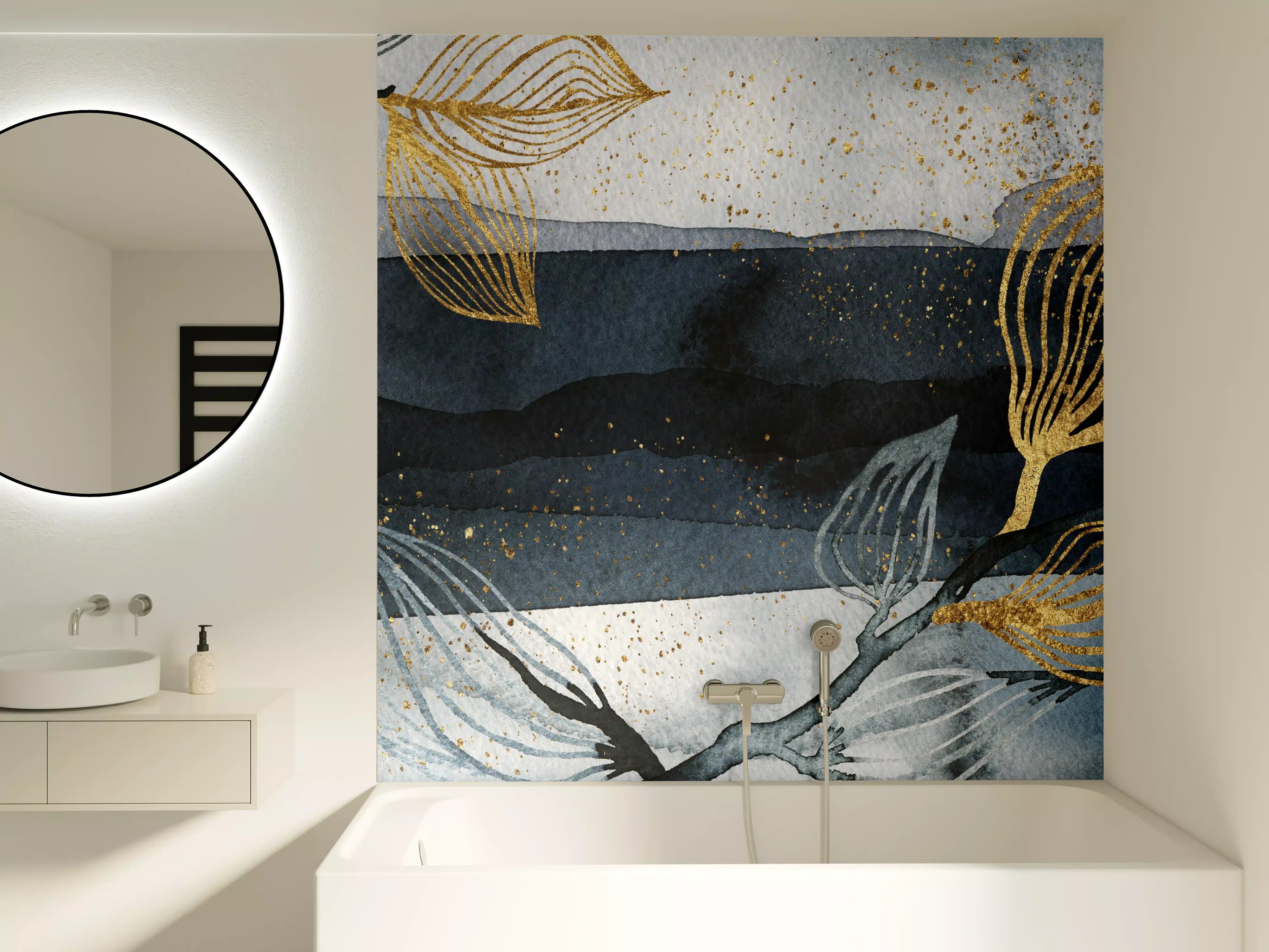 Badewannen-Rückwand - Elegante Aqua- und Gold-Abstract-Aktion