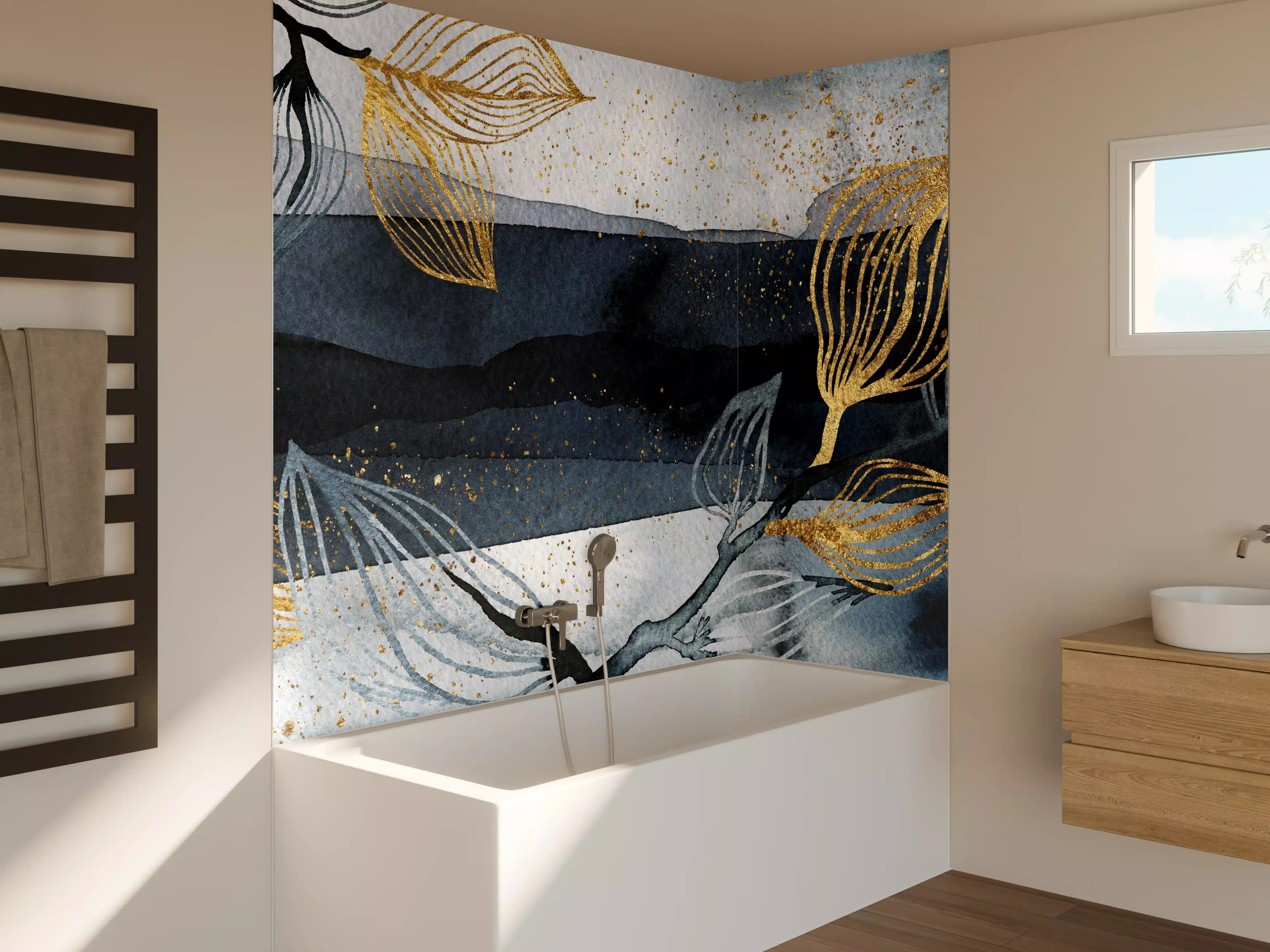 Badewannen-Rückwand - Elegante Aqua- und Gold-Abstract-Aktion