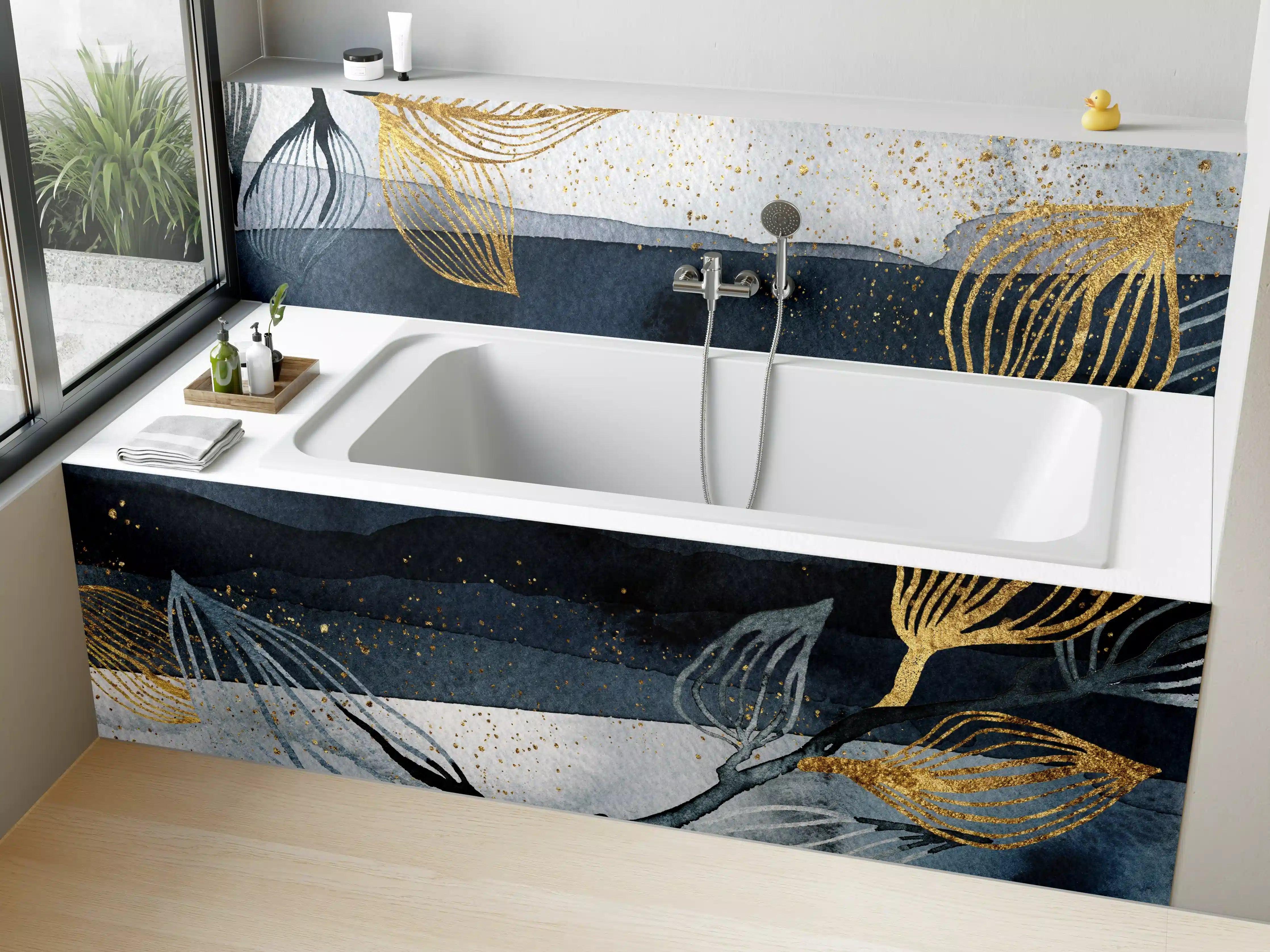 Badewannen-Rückwand - Elegante Aqua- und Gold-Abstract-Aktion