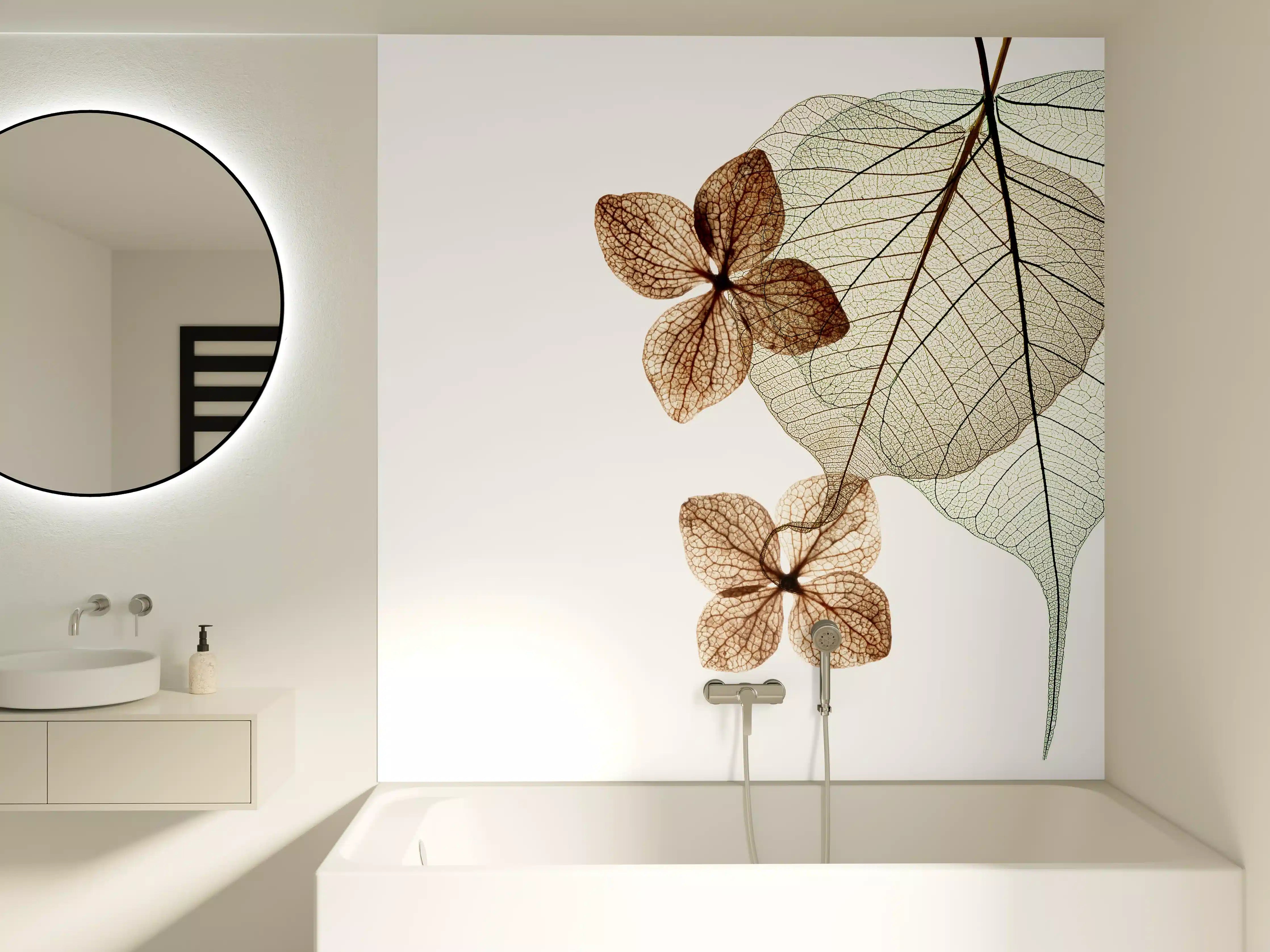 Badewannen-Rückwand - Elegante Blattadern in Weiß-Grau