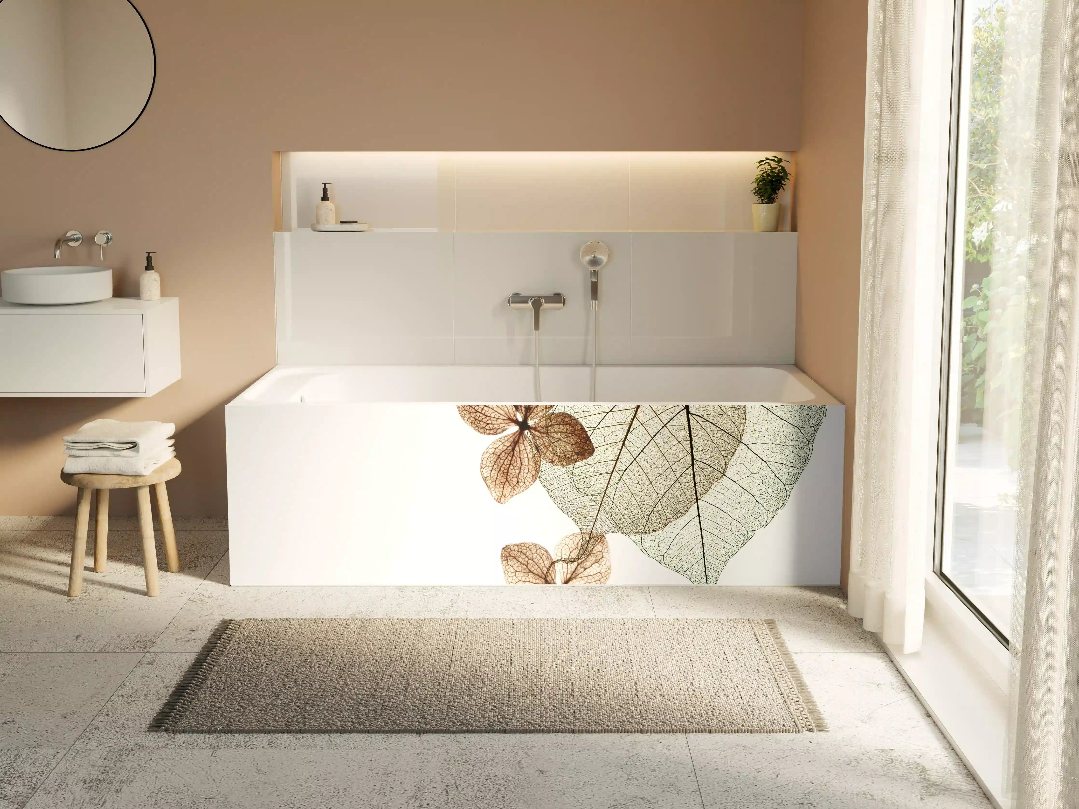Badewannen-Rückwand - Elegante Blattadern in Weiß-Grau
