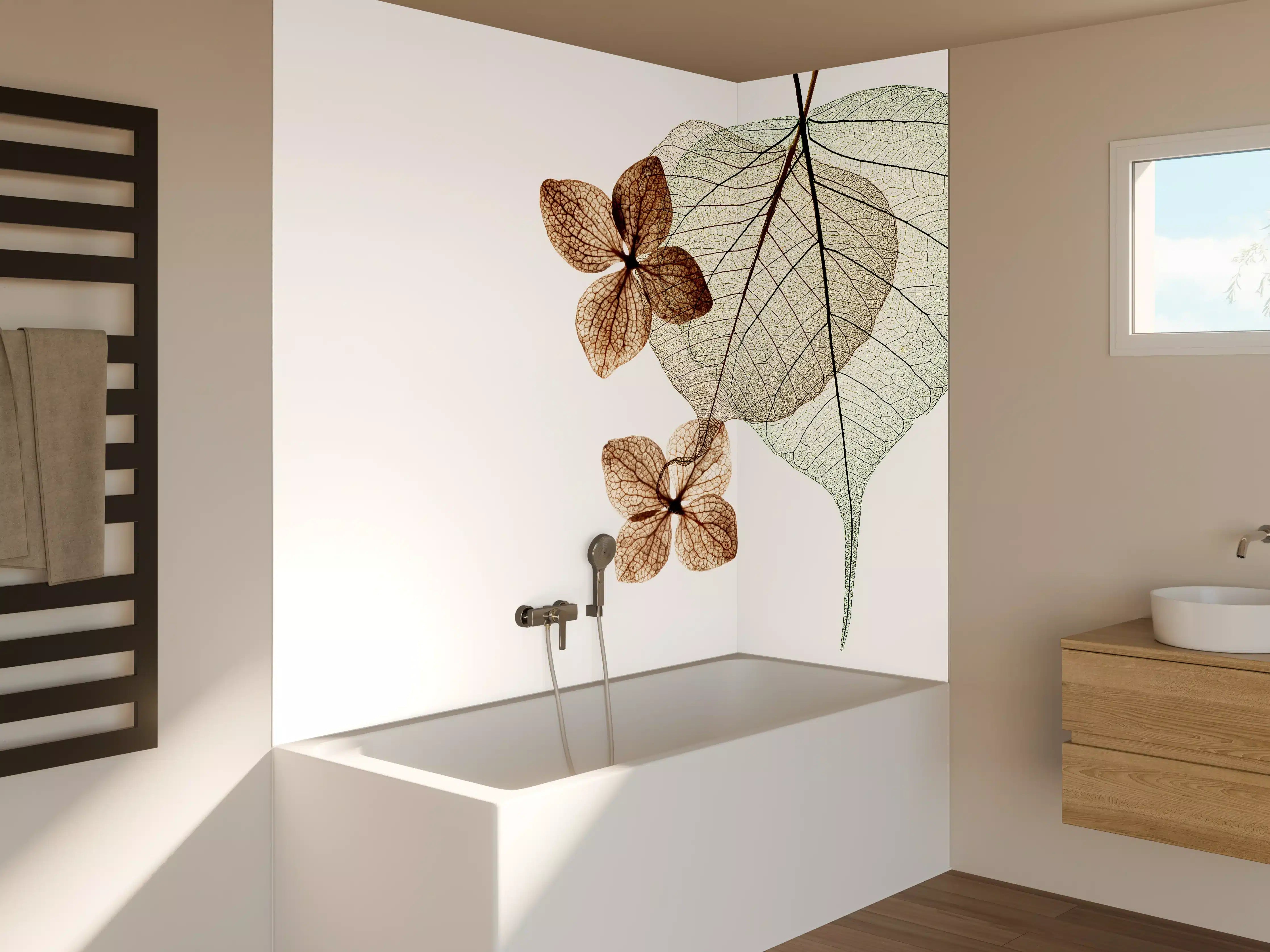 Badewannen-Rückwand - Elegante Blattadern in Weiß-Grau