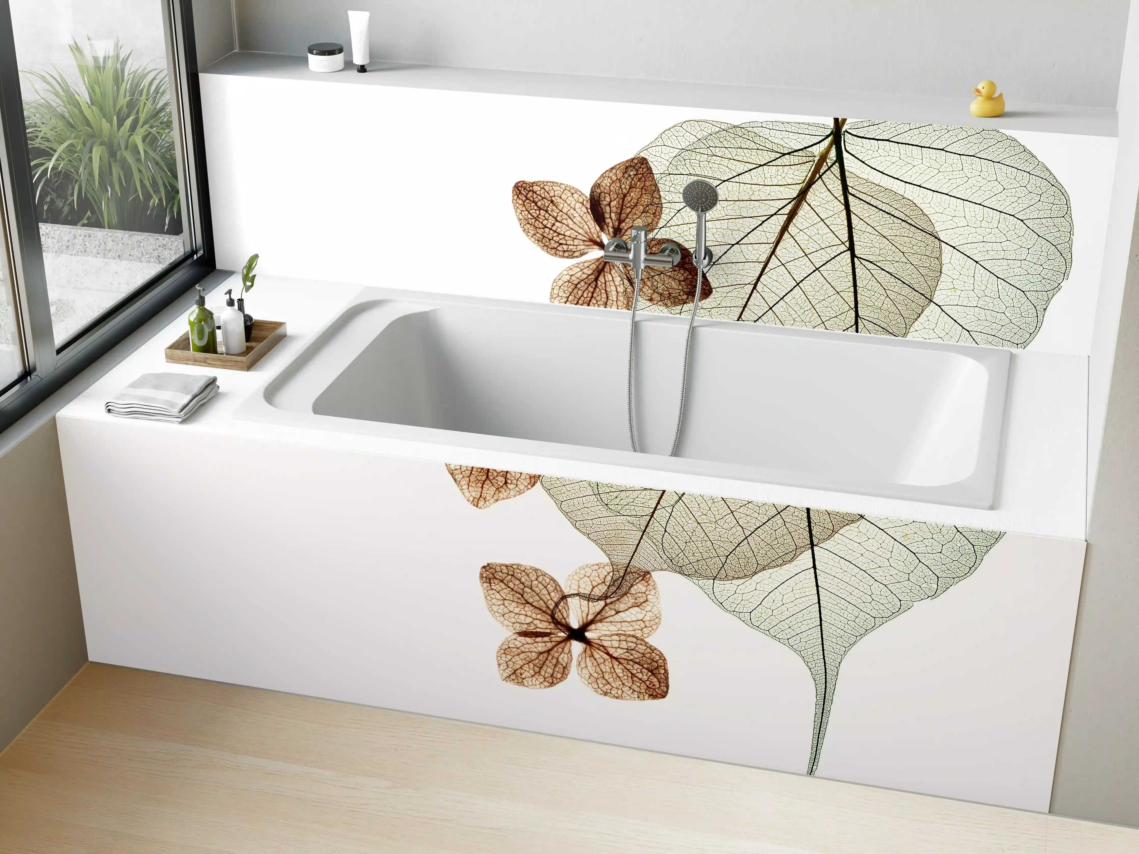 Badewannen-Rückwand - Elegante Blattadern in Weiß-Grau