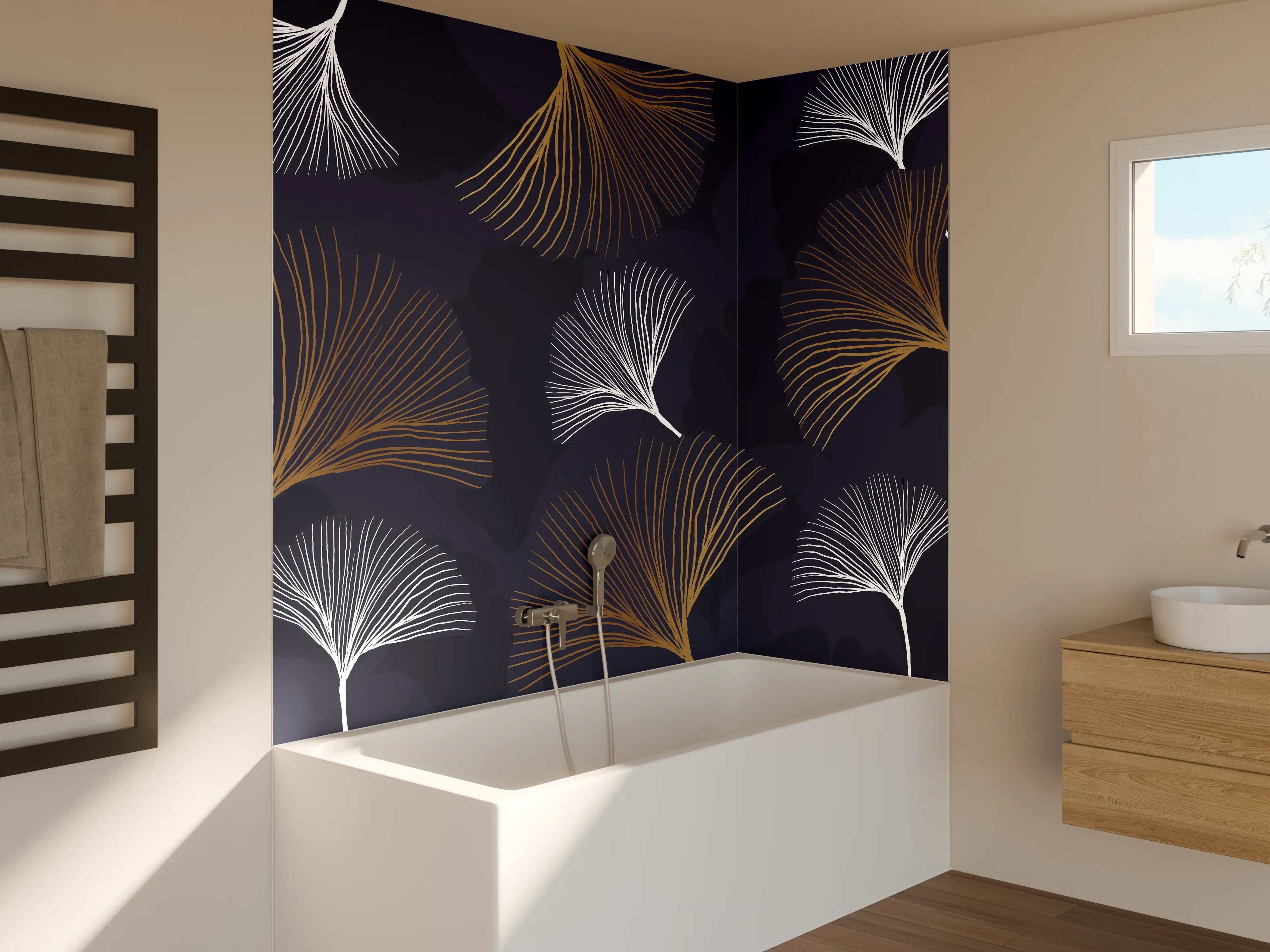 Badewannen-Rückwand - Elegante Blattgold-Muster Tapete