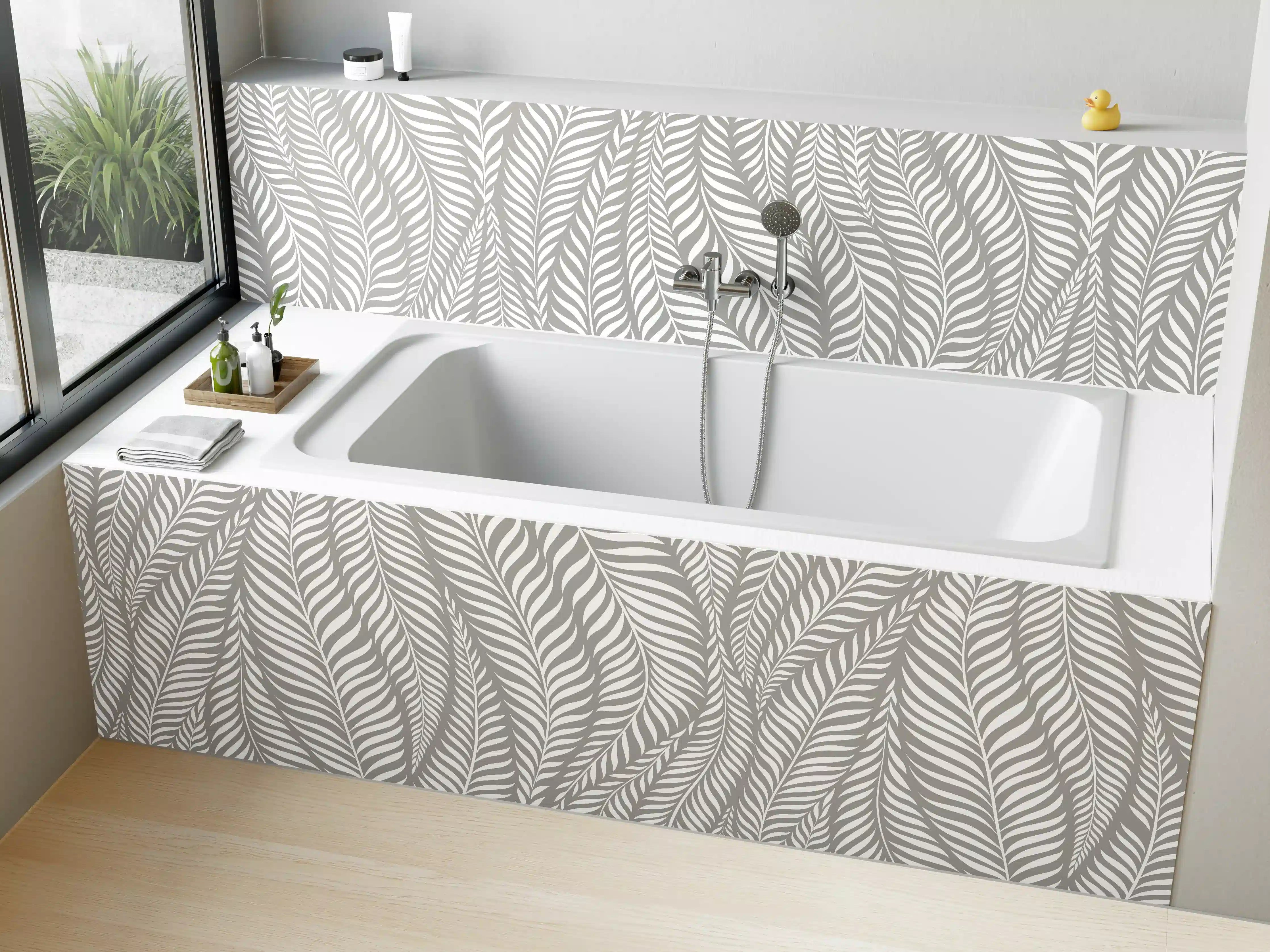 Badewannen-Rückwand - Elegante Blattmuster in Weiß und Grau