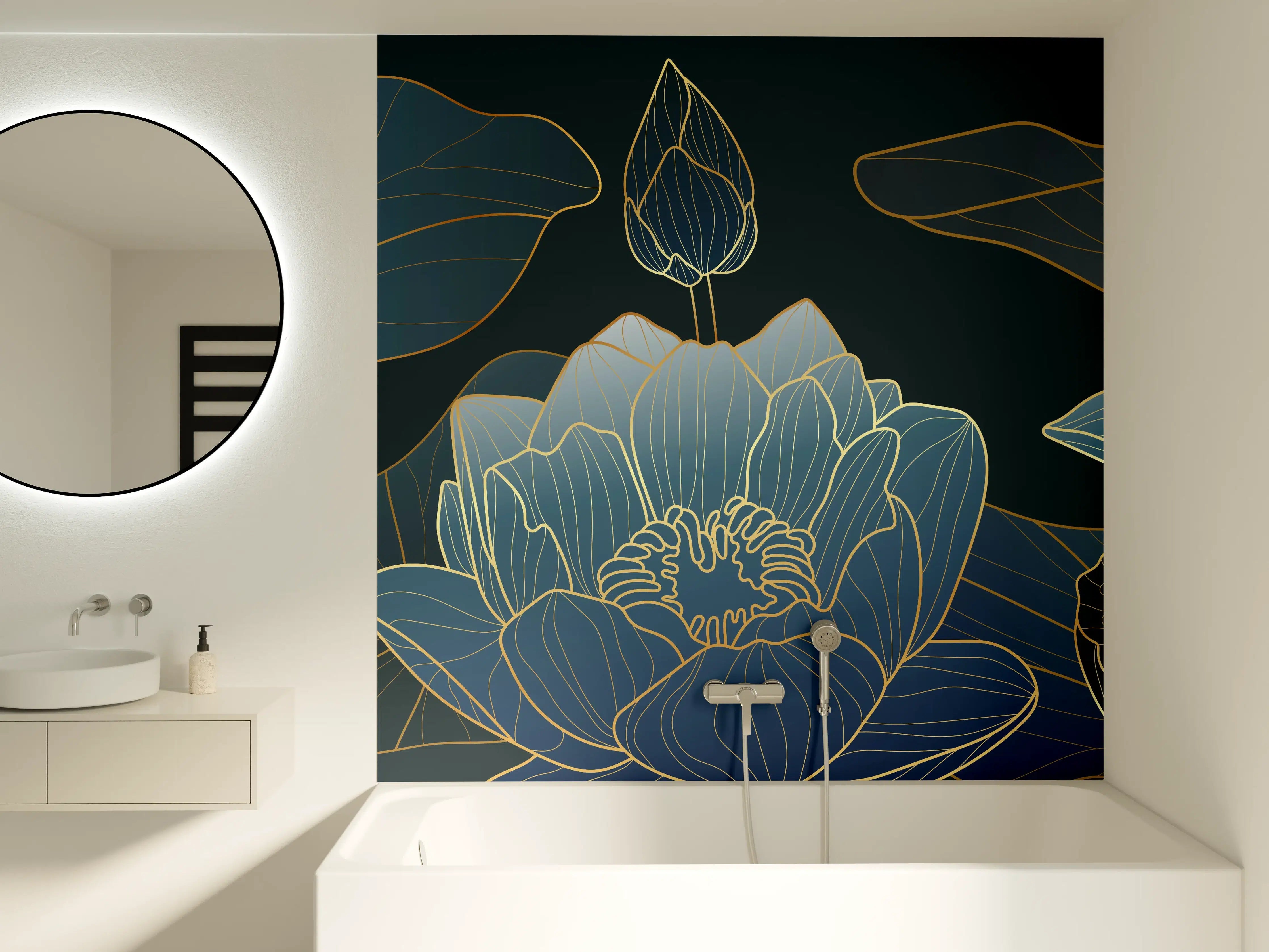 Badewannen-Rückwand - Elegante Blau-Weiße Blumenillustration