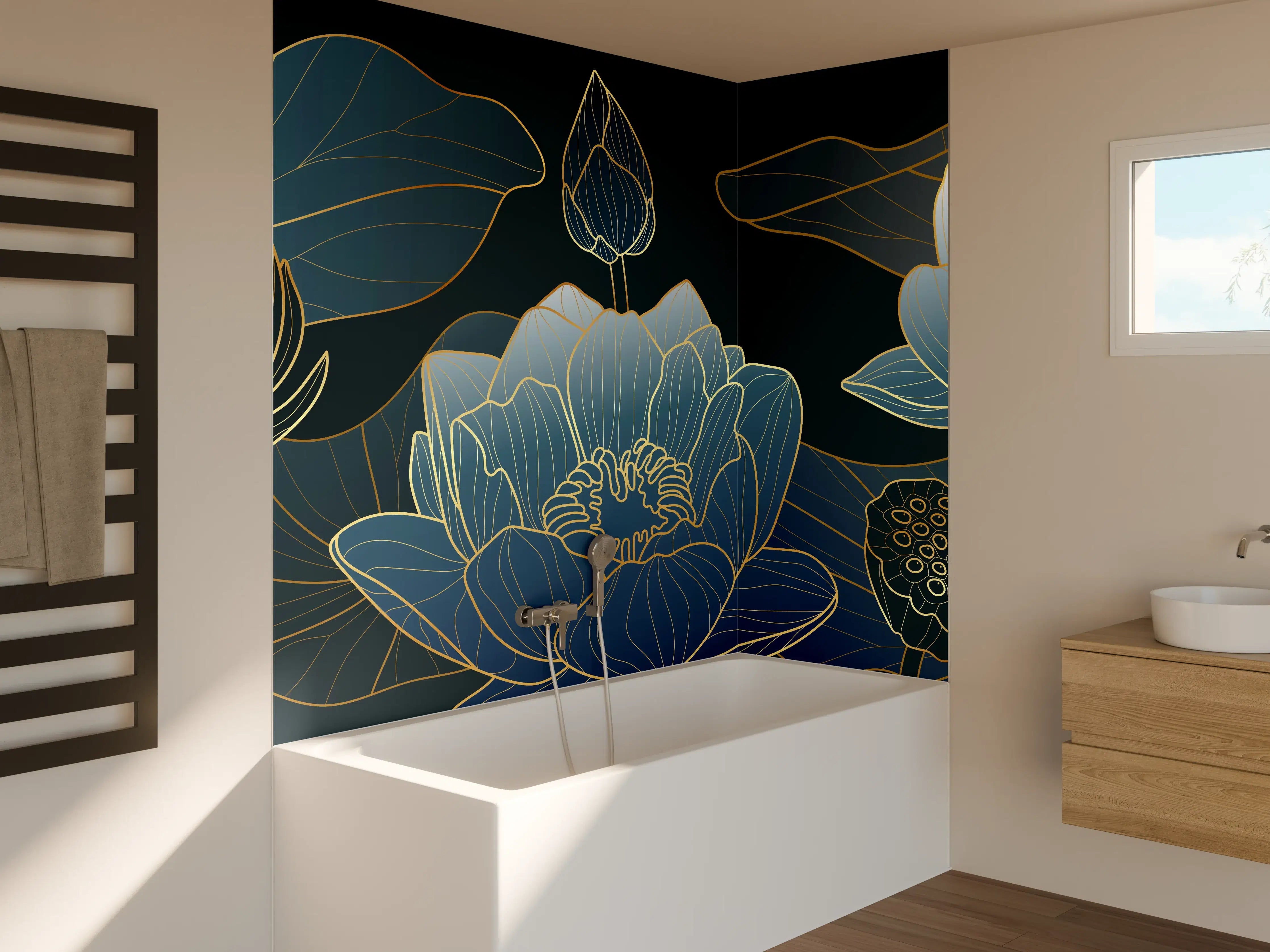 Badewannen-Rückwand - Elegante Blau-Weiße Blumenillustration