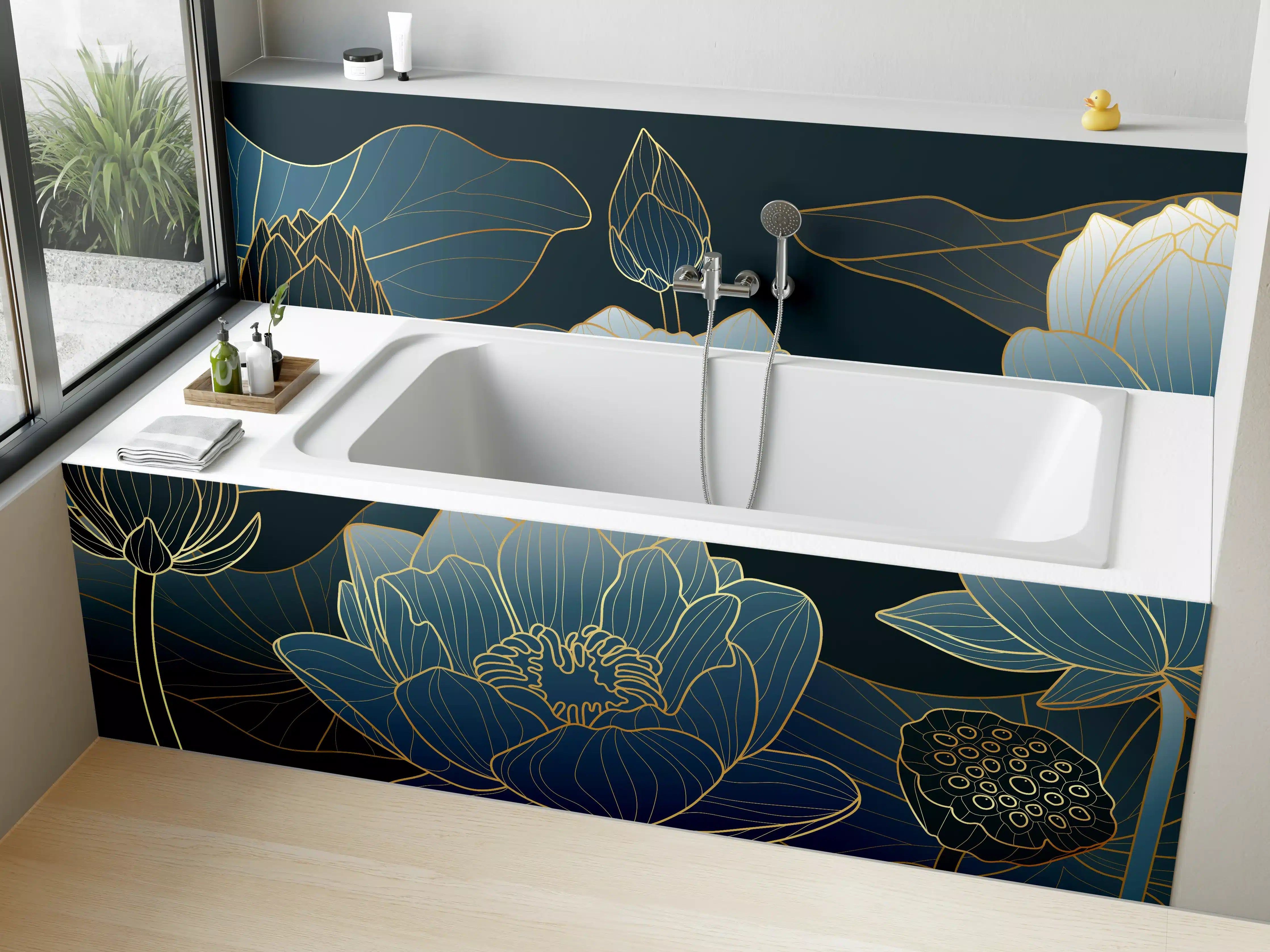 Badewannen-Rückwand - Elegante Blau-Weiße Blumenillustration
