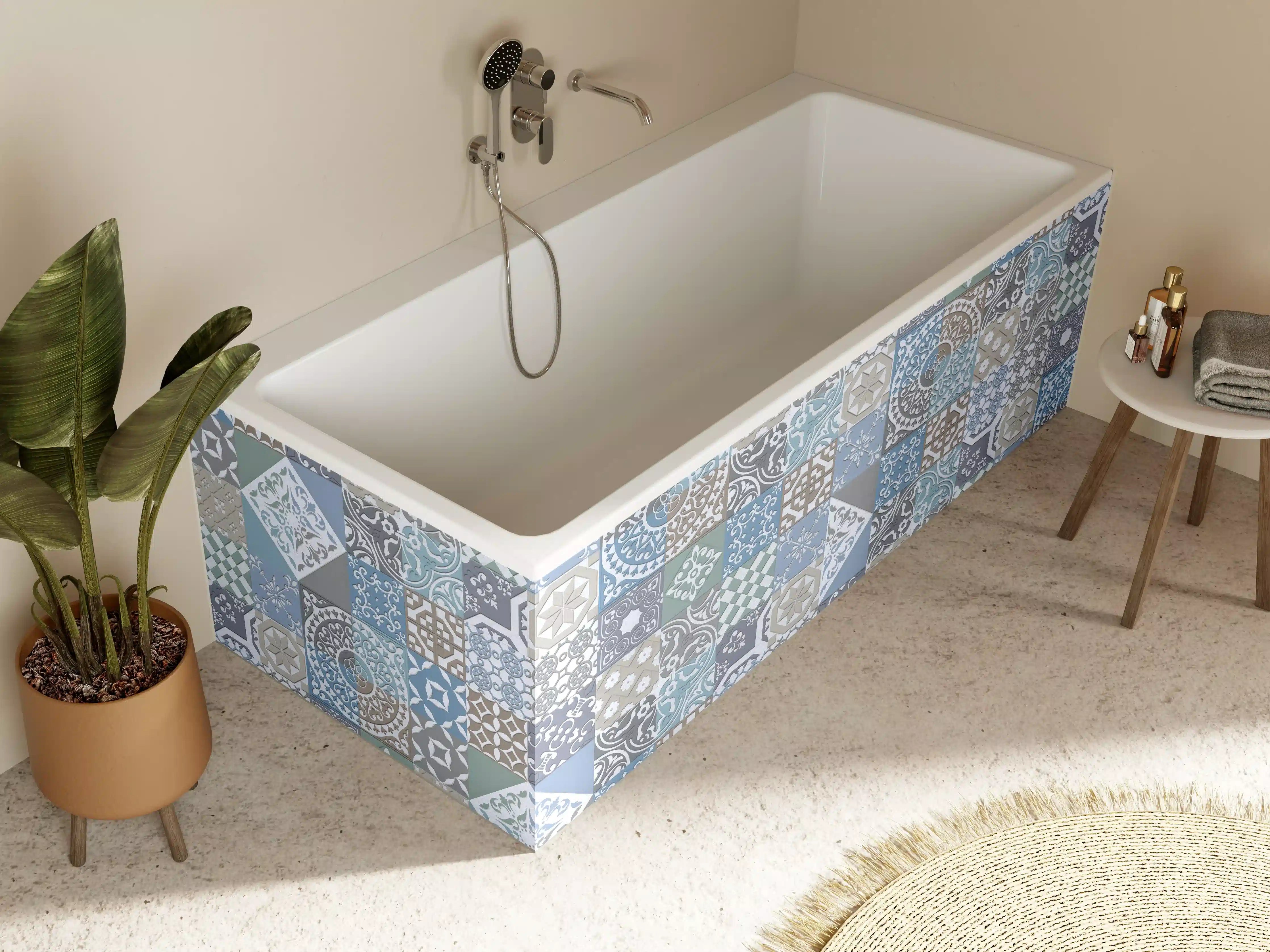 Badewannen-Rückwand - Elegante Blaue und Graue Fliesenmuster