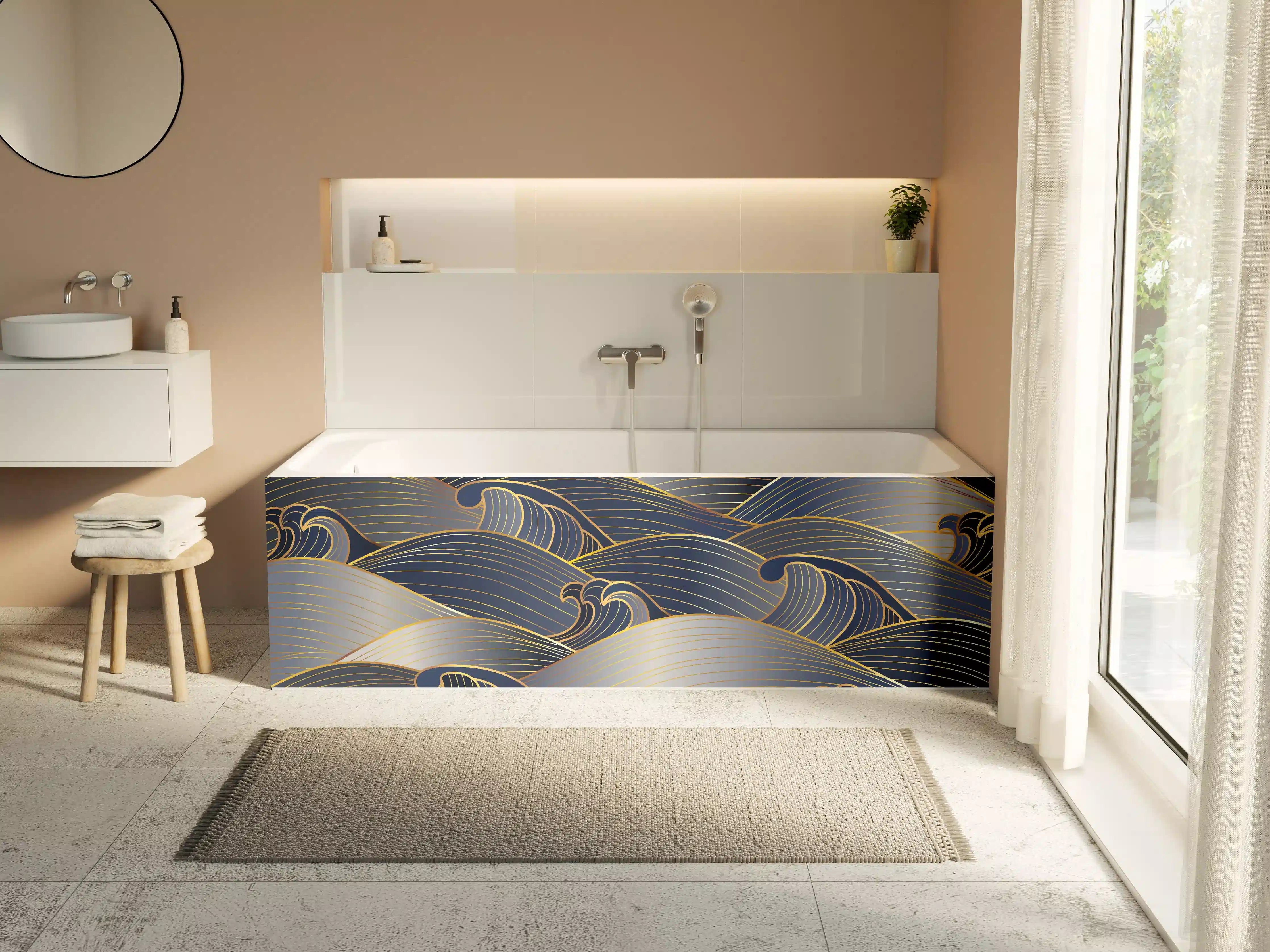 Badewannen-Rückwand - Elegante Gold-Blau Wellentextur