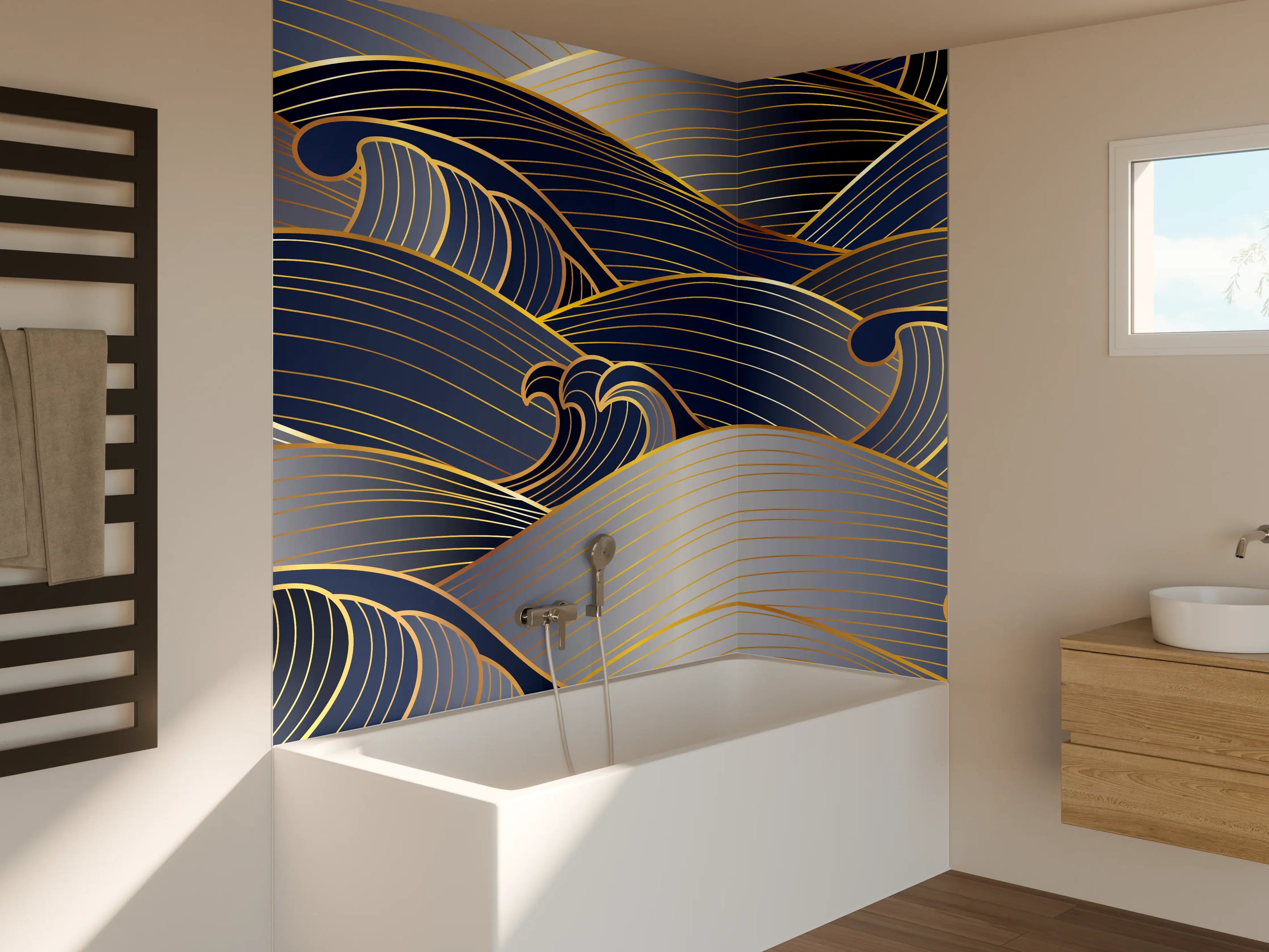 Badewannen-Rückwand - Elegante Gold-Blau Wellentextur