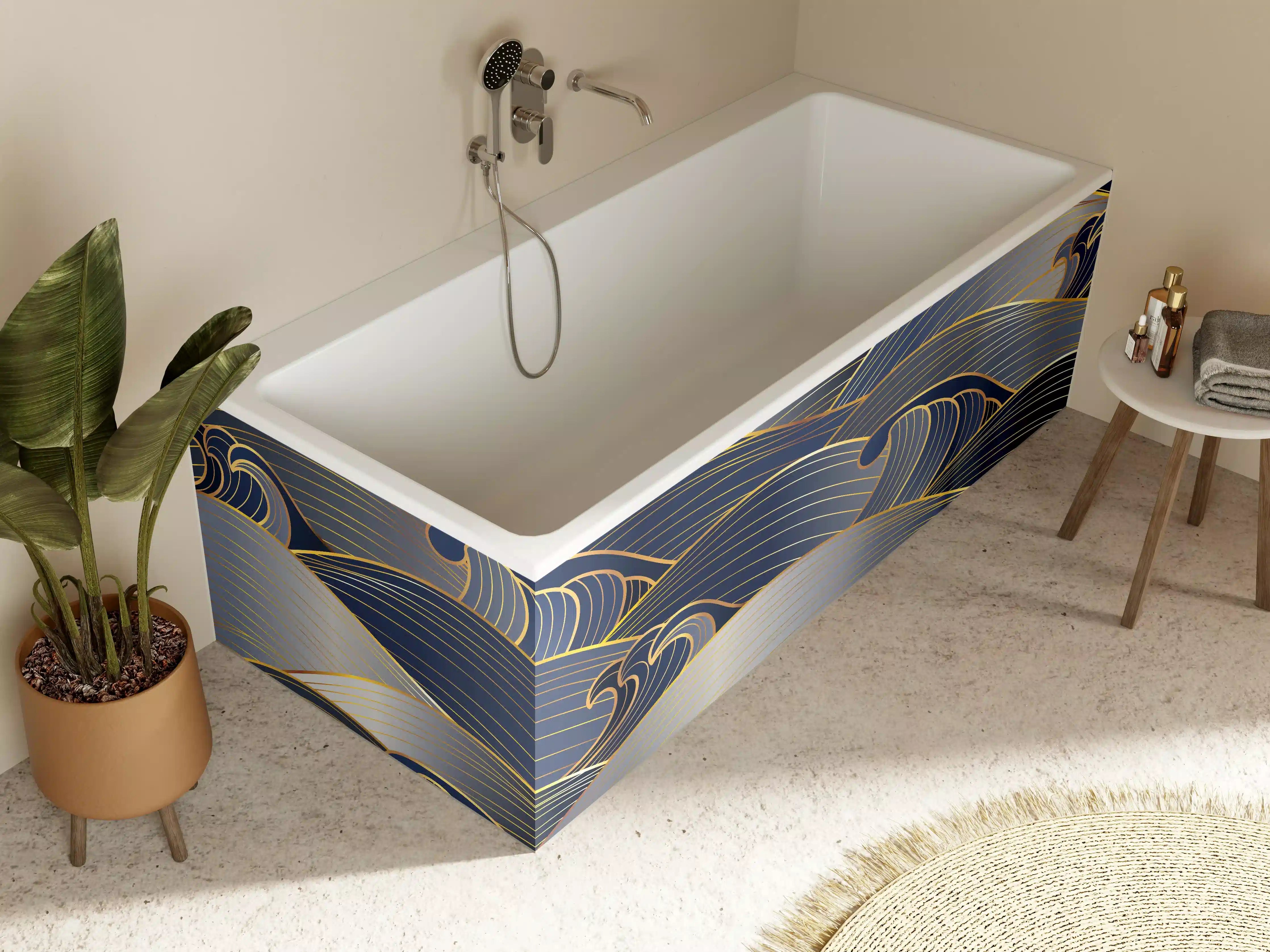 Badewannen-Rückwand - Elegante Gold-Blau Wellentextur
