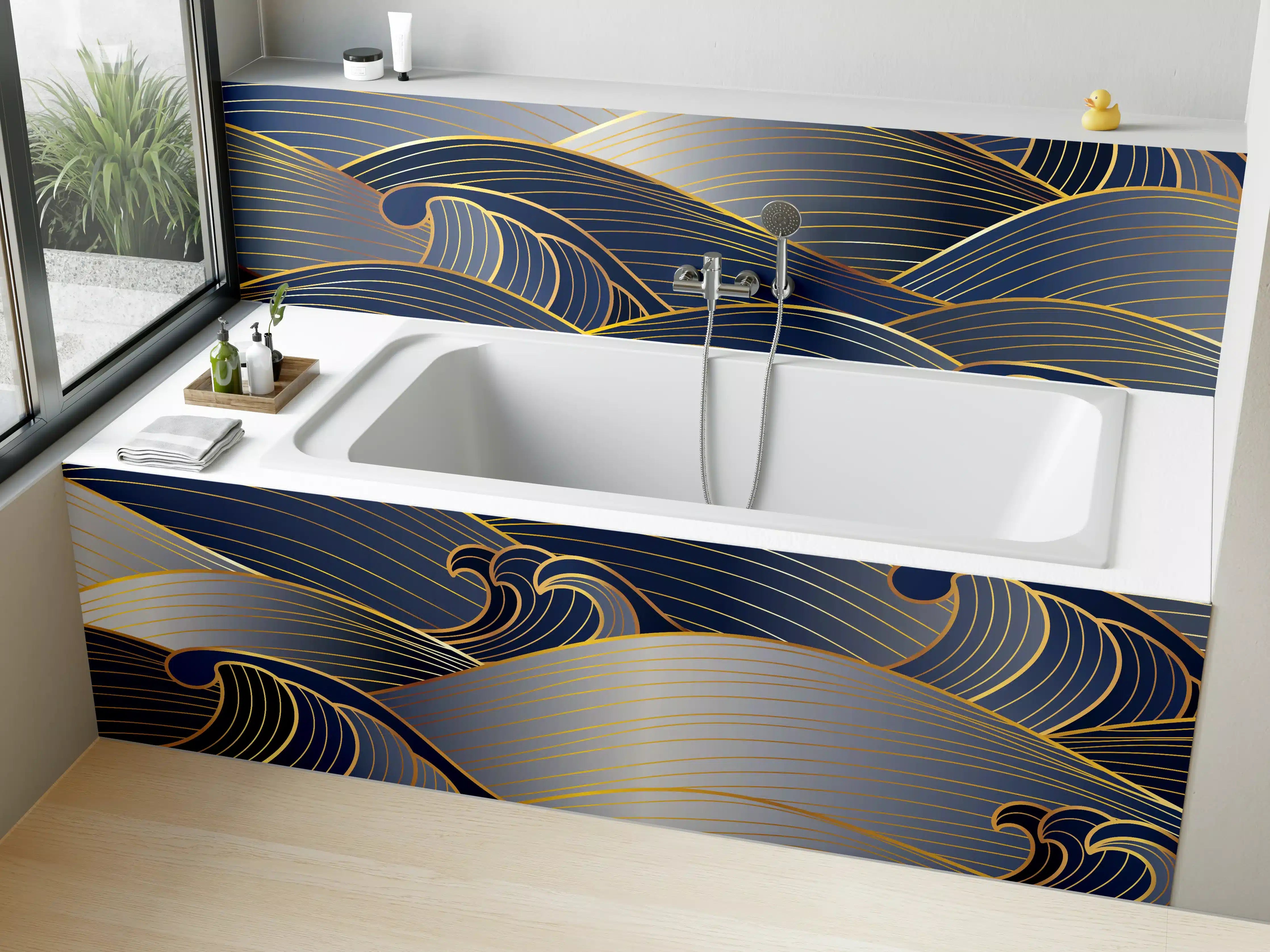 Badewannen-Rückwand - Elegante Gold-Blau Wellentextur