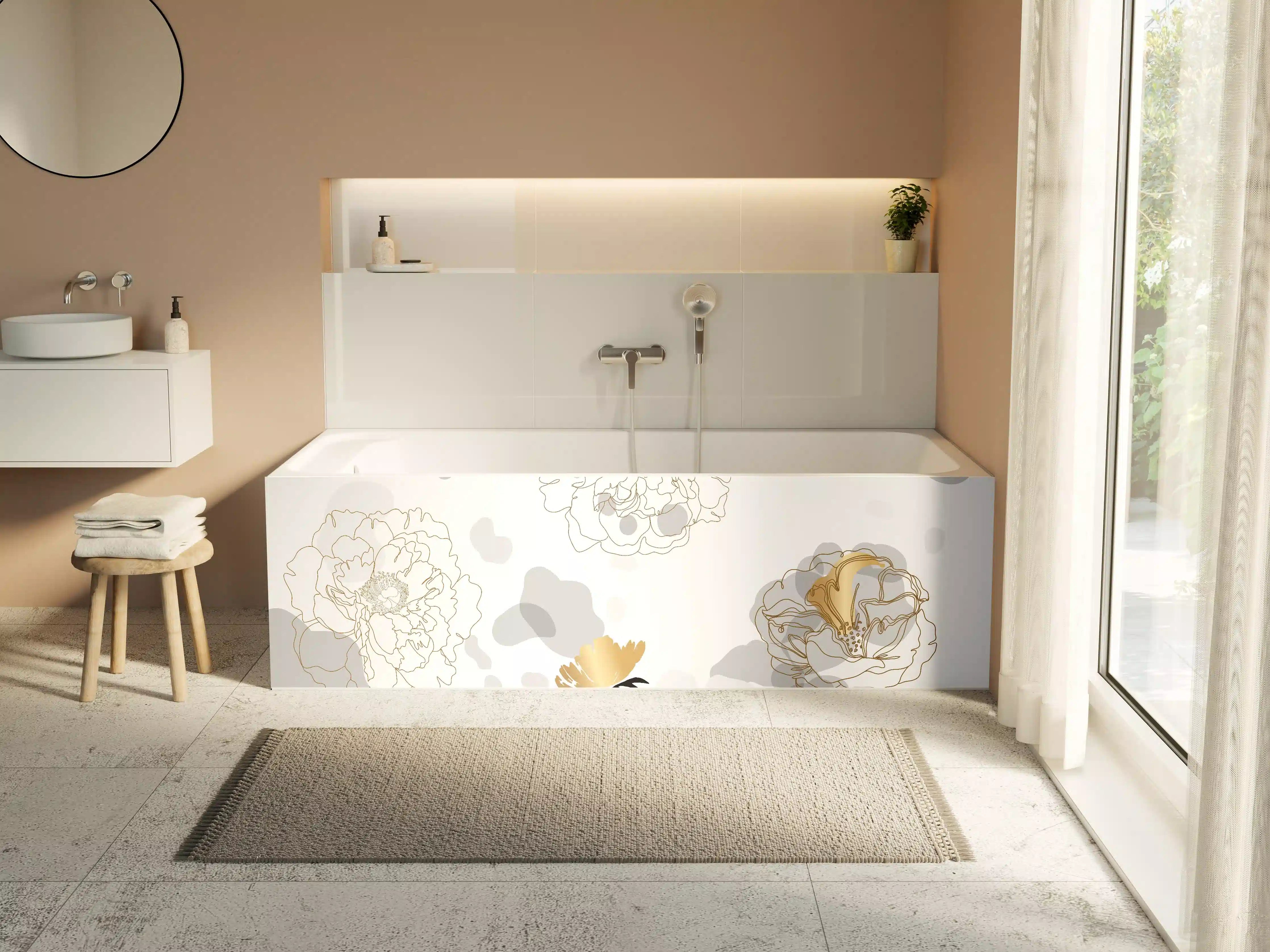 Badewannen-Rückwand - Elegante Gold-Grau Floral Kunst
