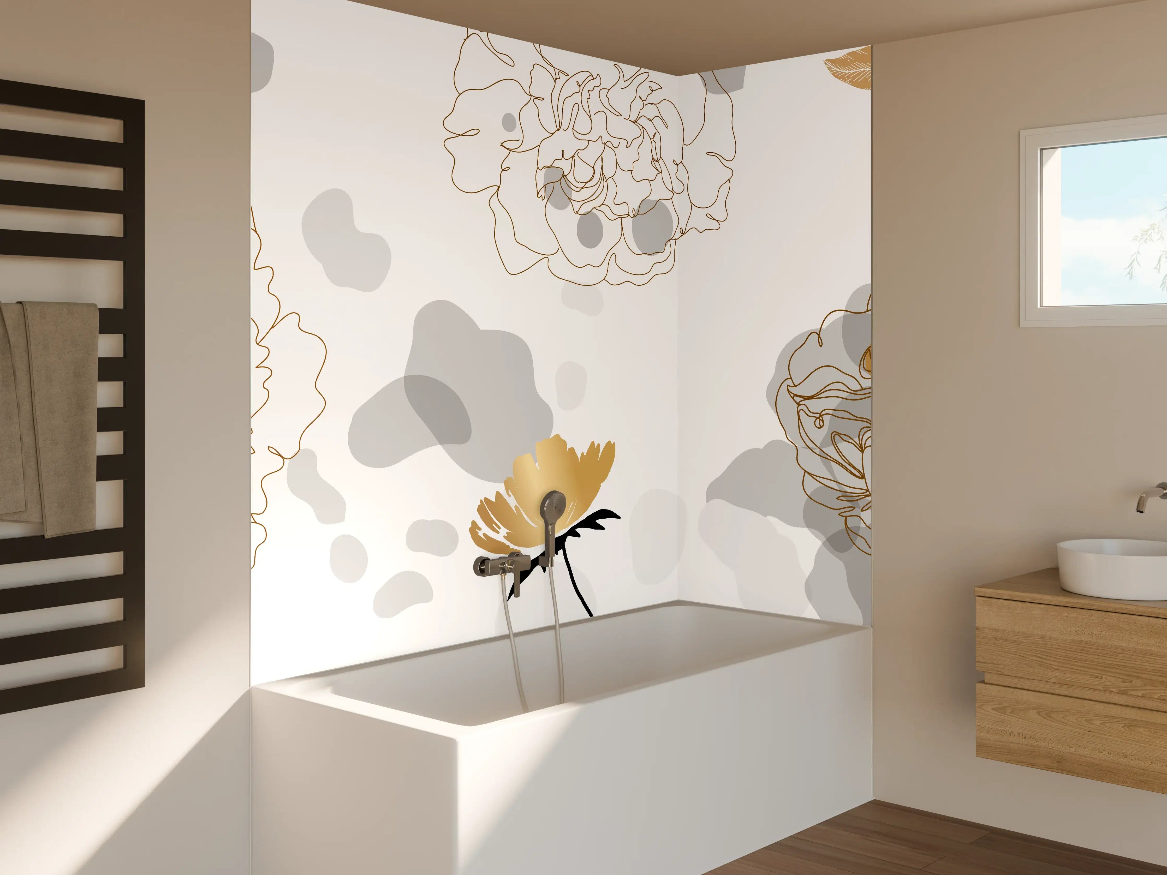 Badewannen-Rückwand - Elegante Gold-Grau Floral Kunst