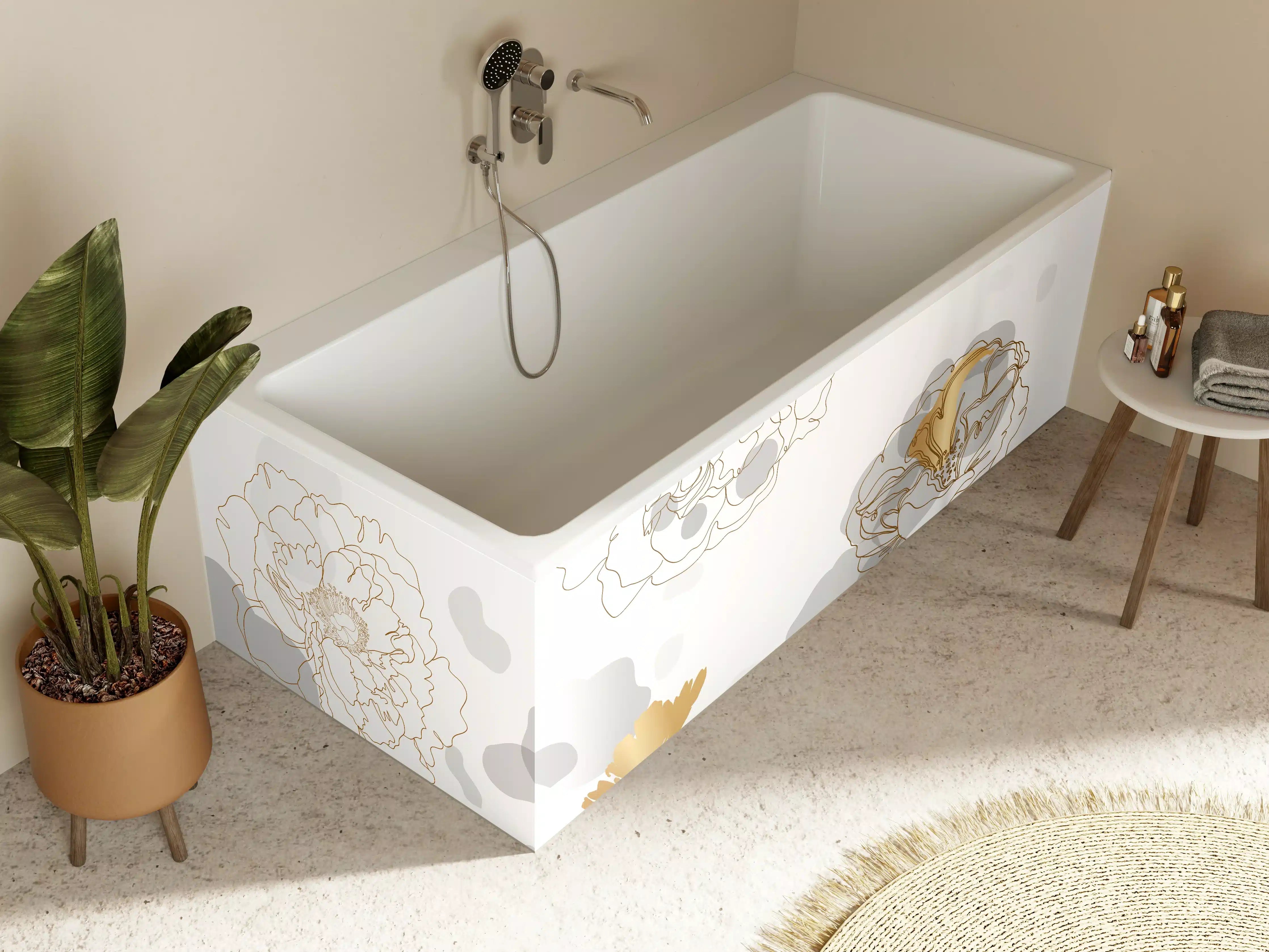Badewannen-Rückwand - Elegante Gold-Grau Floral Kunst