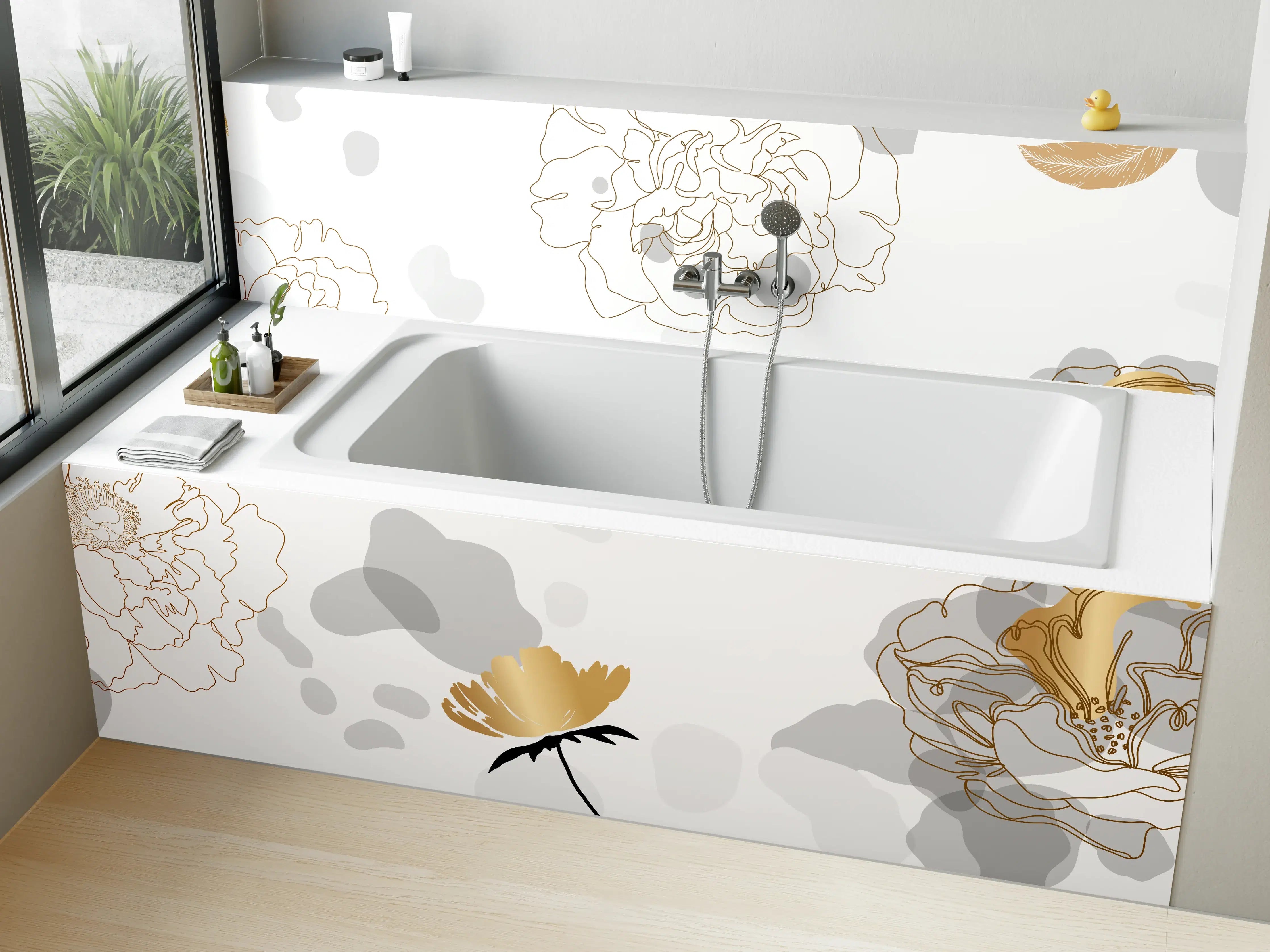 Badewannen-Rückwand - Elegante Gold-Grau Floral Kunst