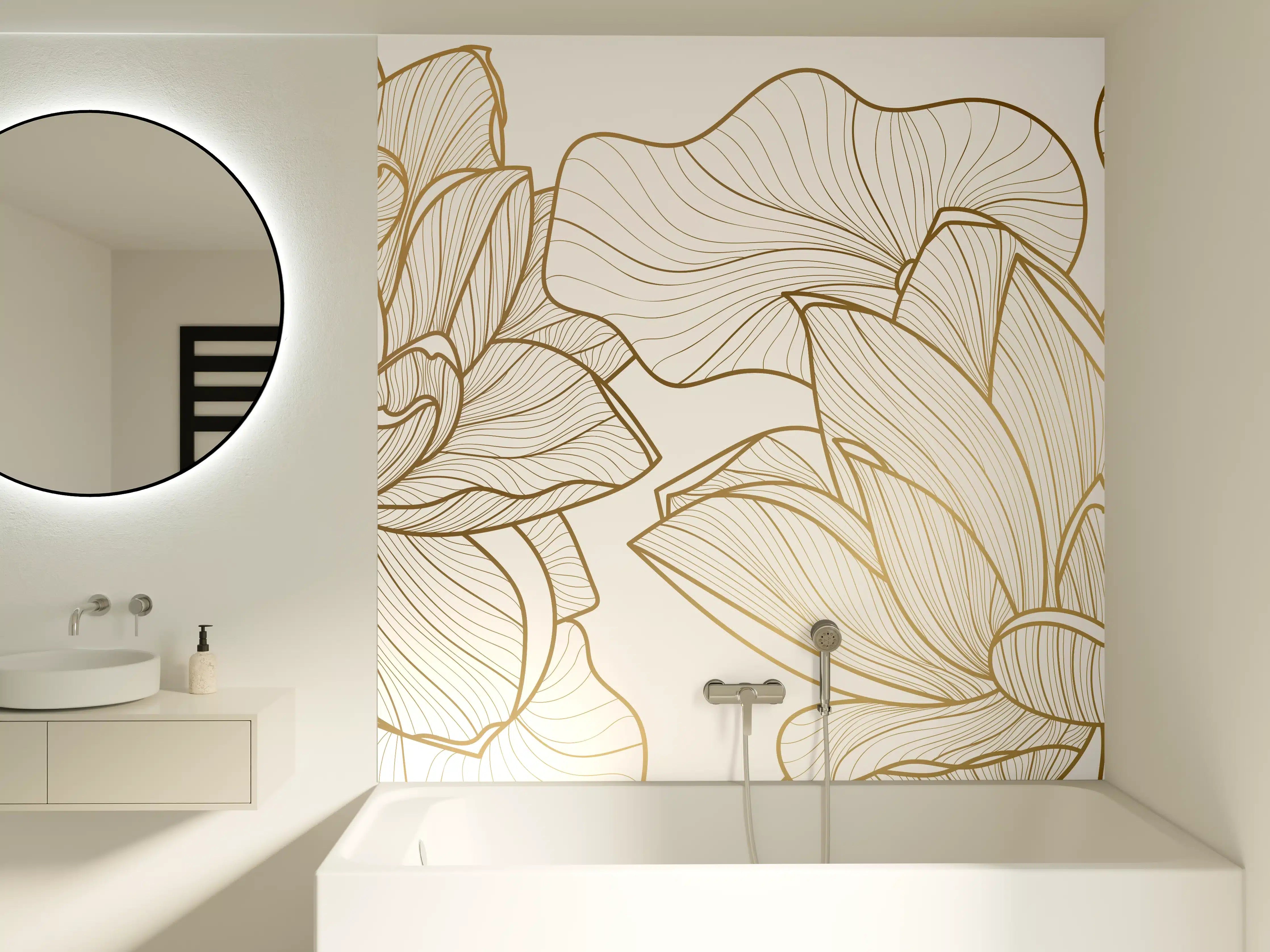 Badewannen-Rückwand - Elegante Goldlinien der Blumenillustration