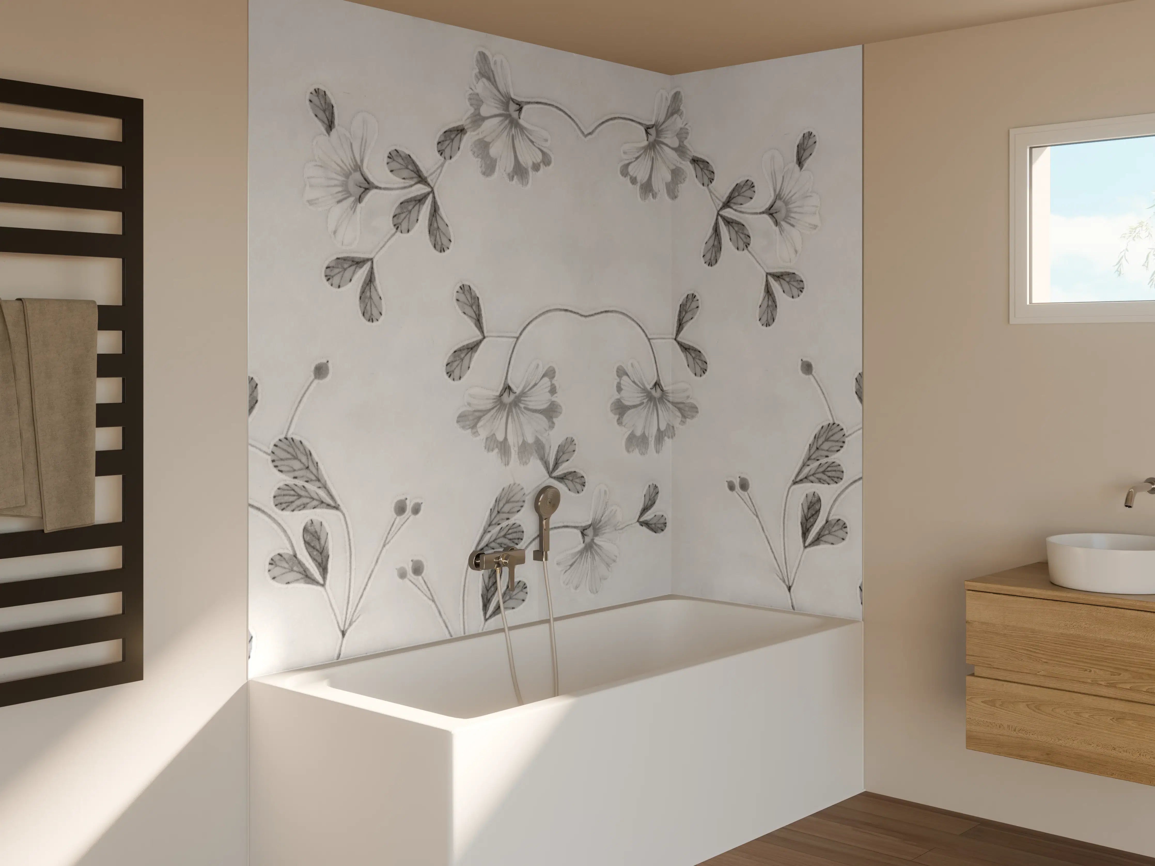 Badewannen-Rückwand - Elegante Grau-Weiße Blumenmuster