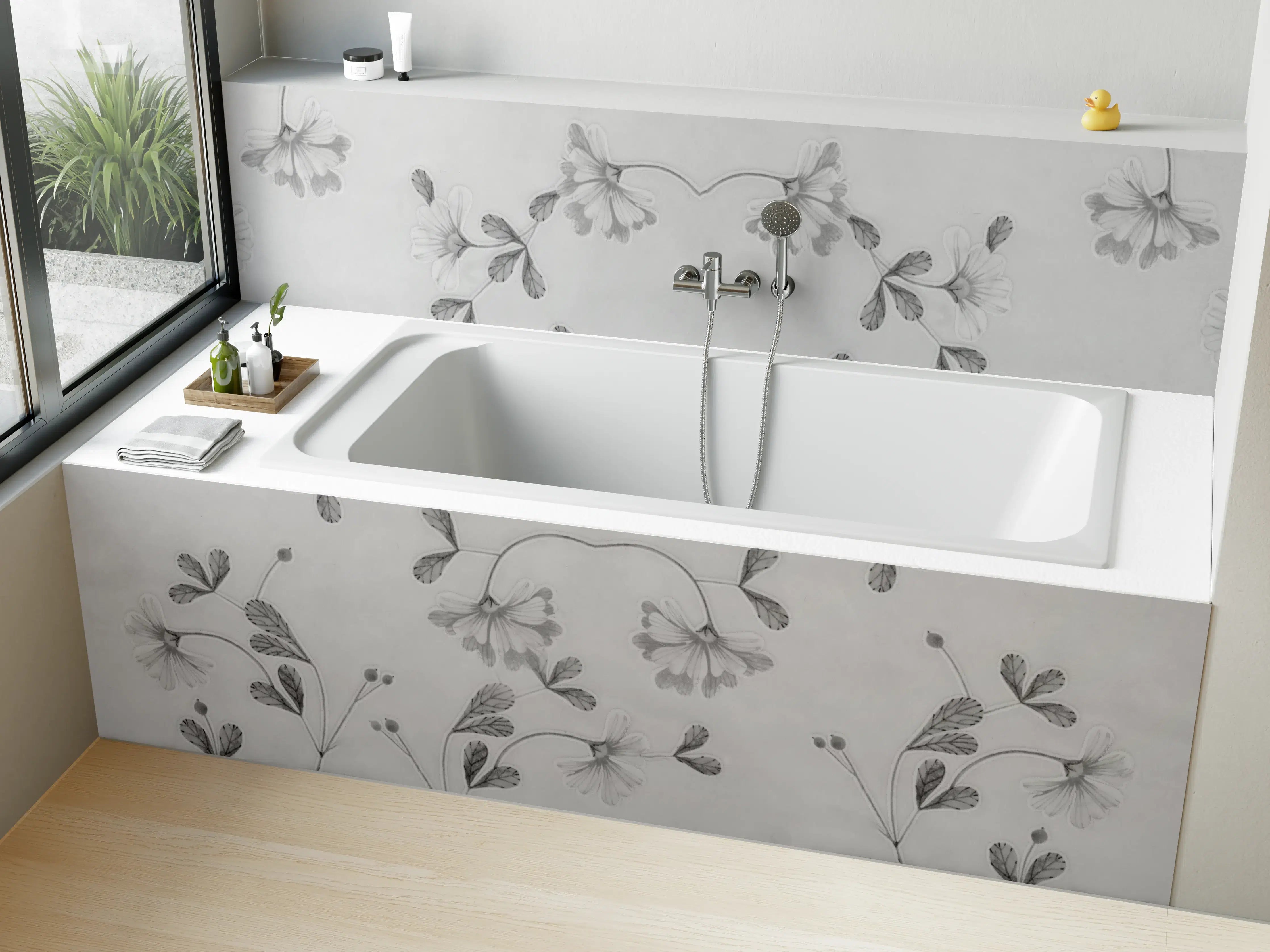 Badewannen-Rückwand - Elegante Grau-Weiße Blumenmuster