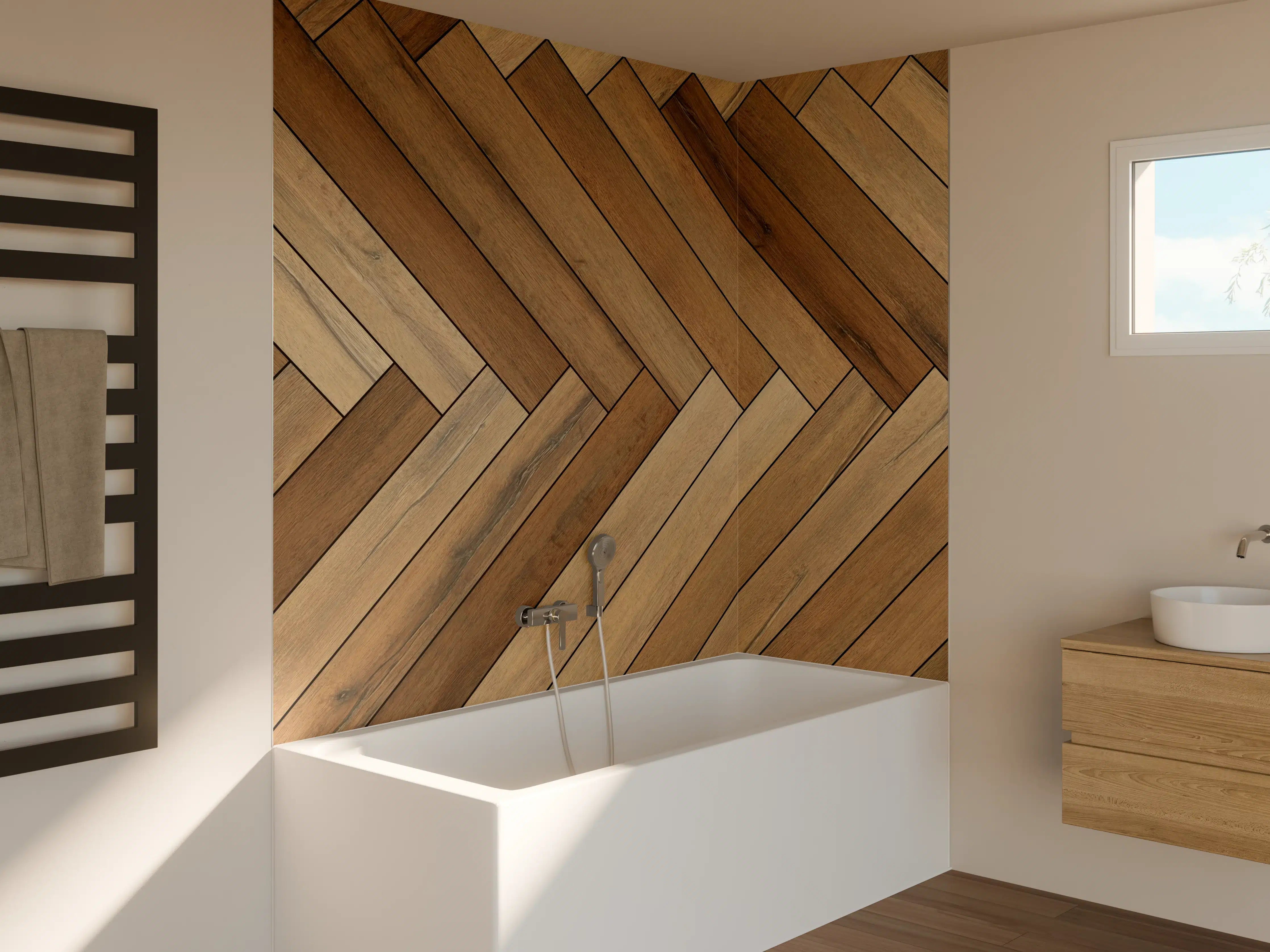 Badewannen-Rückwand - Elegante Holzlamellen in warmen Brauntönen
