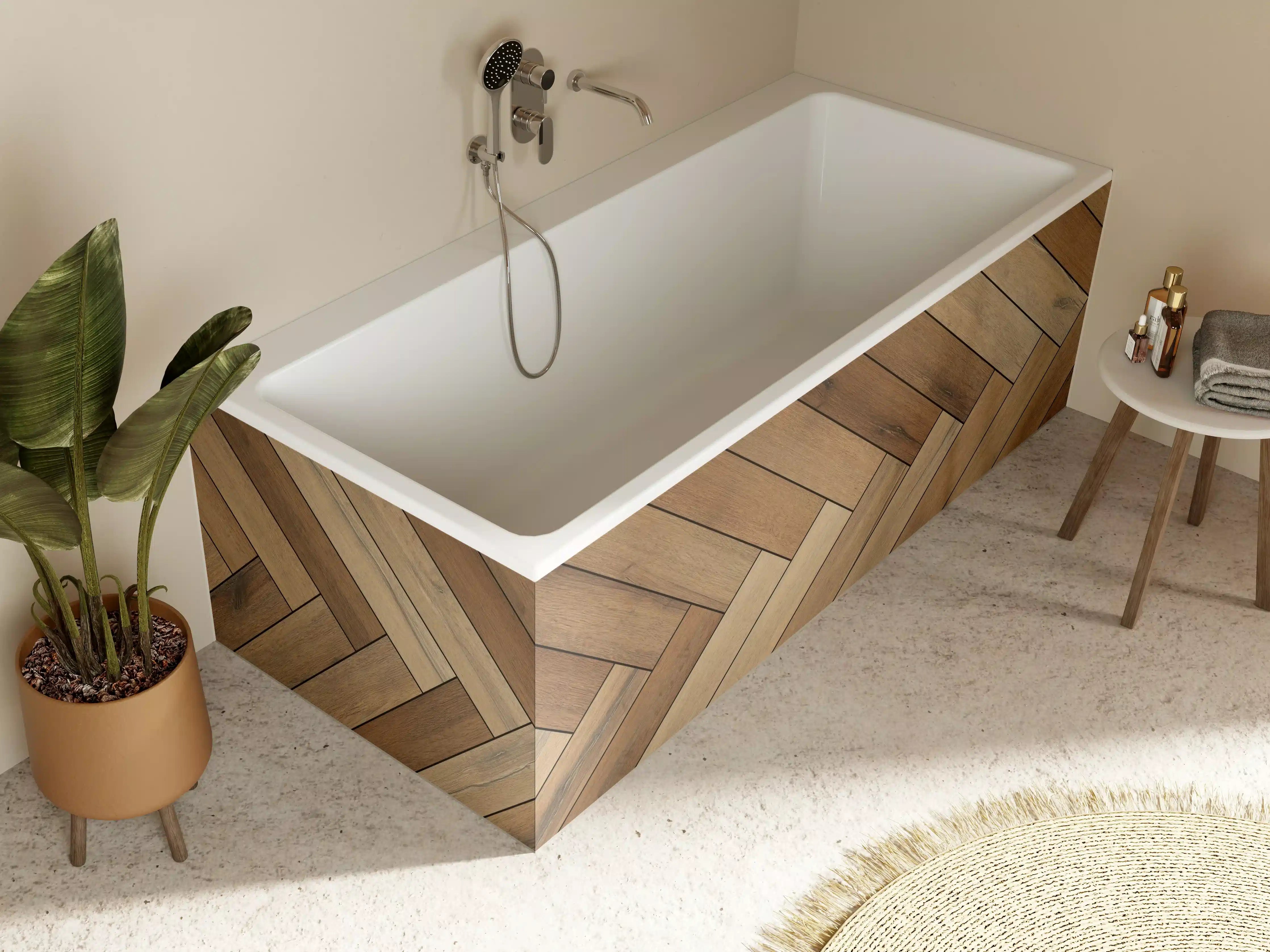 Badewannen-Rückwand - Elegante Holzlamellen in warmen Brauntönen