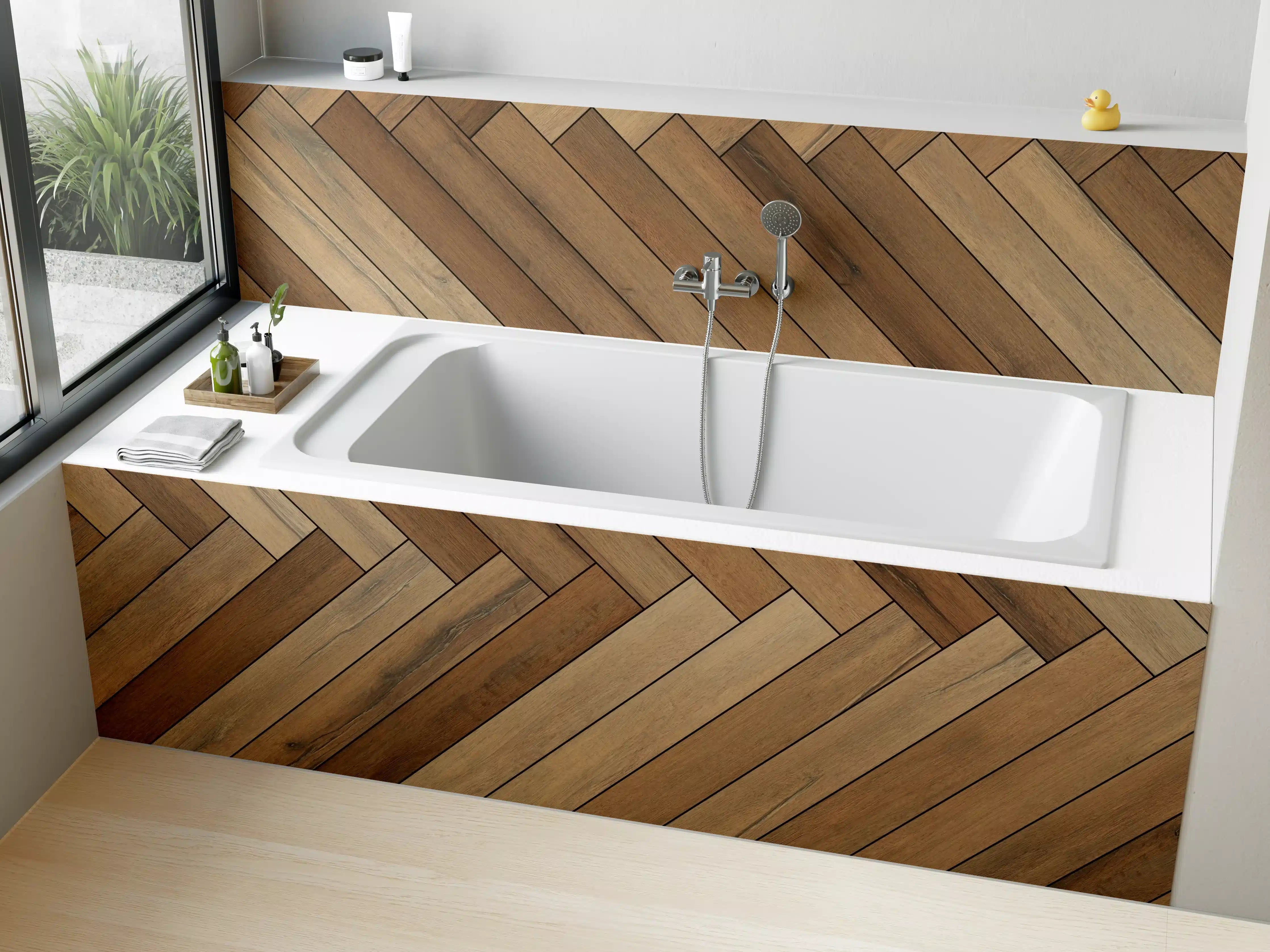 Badewannen-Rückwand - Elegante Holzlamellen in warmen Brauntönen