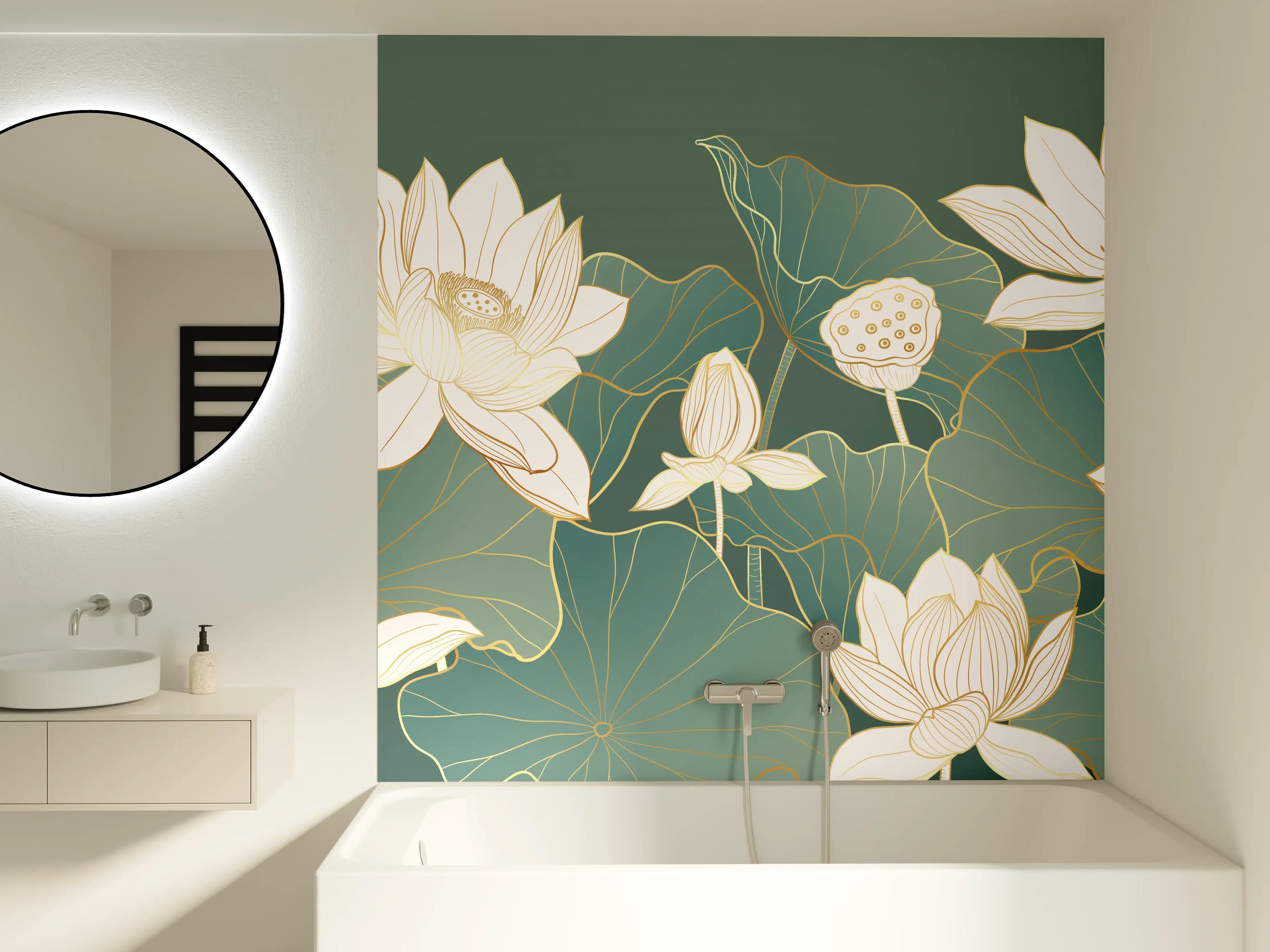Badewannen-Rückwand - Elegante Lotusblüte in Grün und Weiß