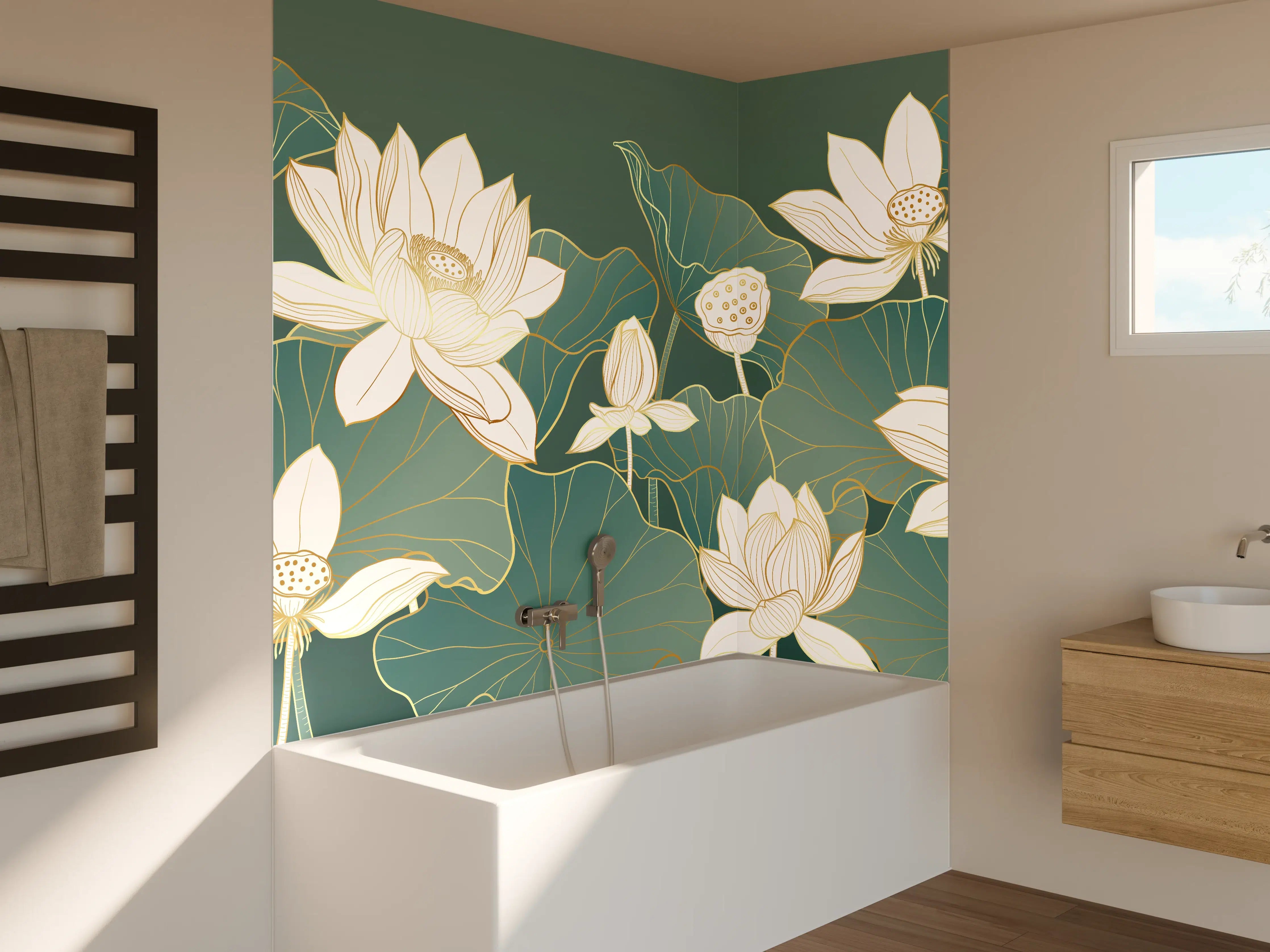 Badewannen-Rückwand - Elegante Lotusblüte in Grün und Weiß