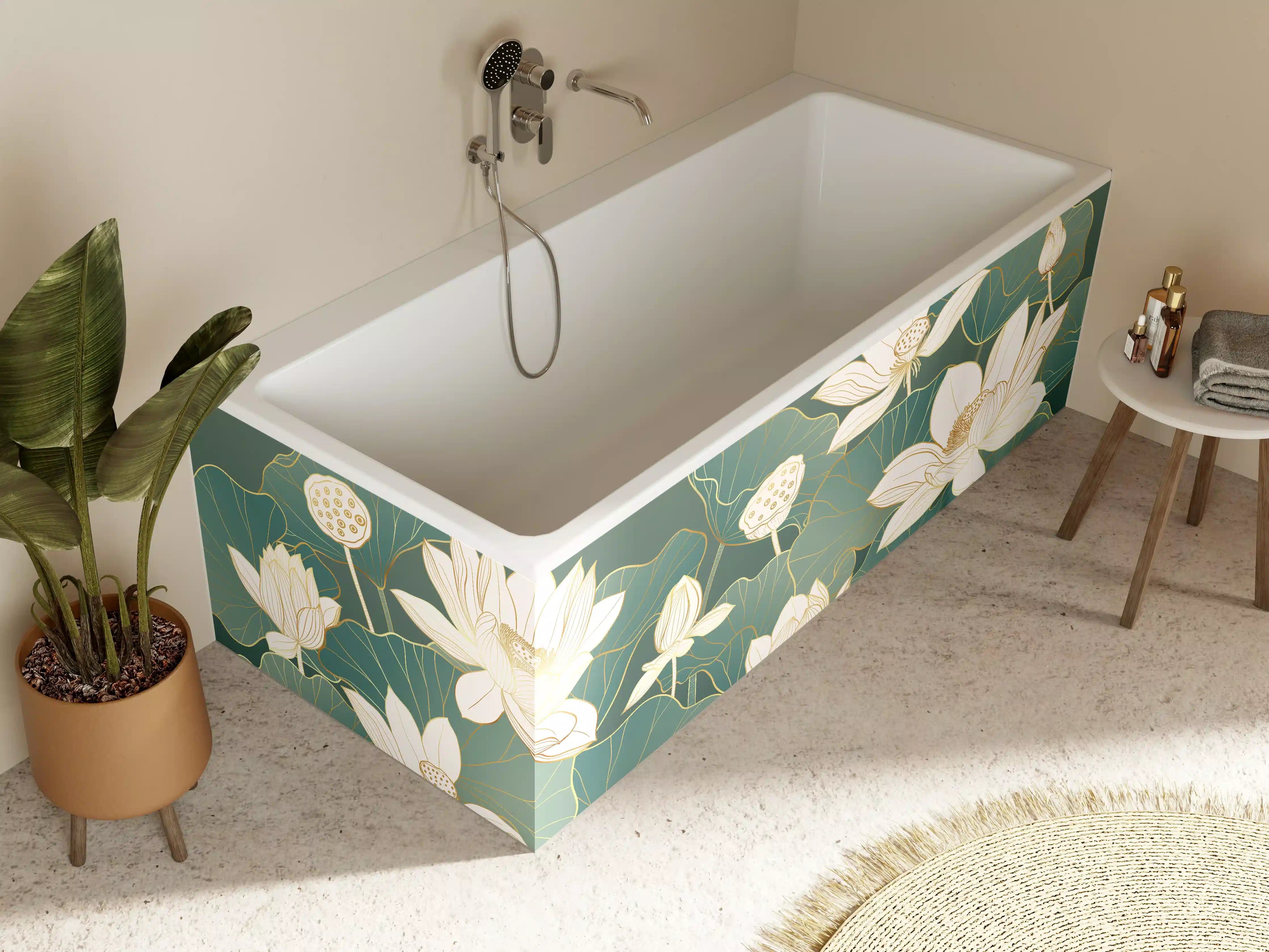 Badewannen-Rückwand - Elegante Lotusblüte in Grün und Weiß