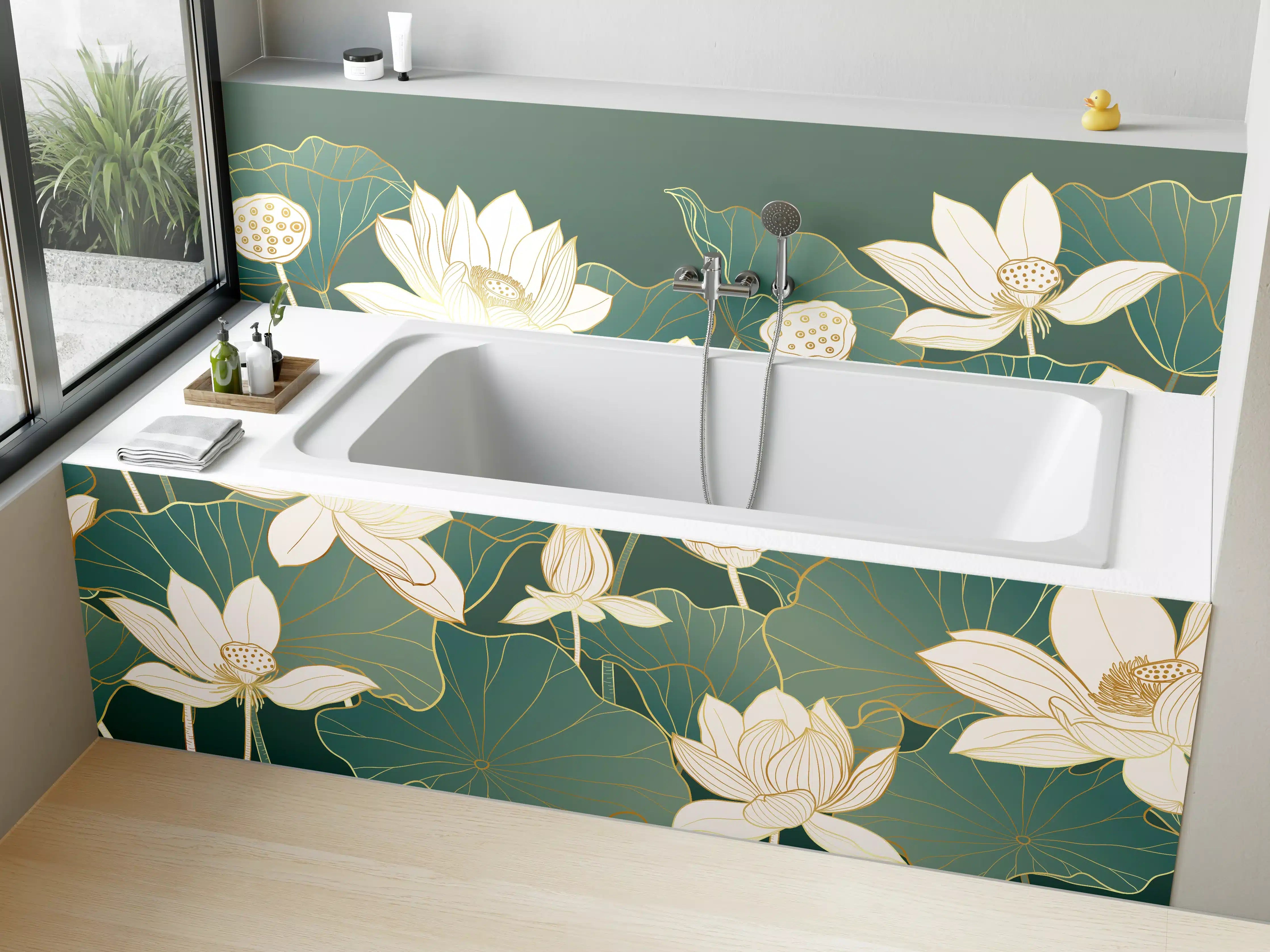 Badewannen-Rückwand - Elegante Lotusblüte in Grün und Weiß