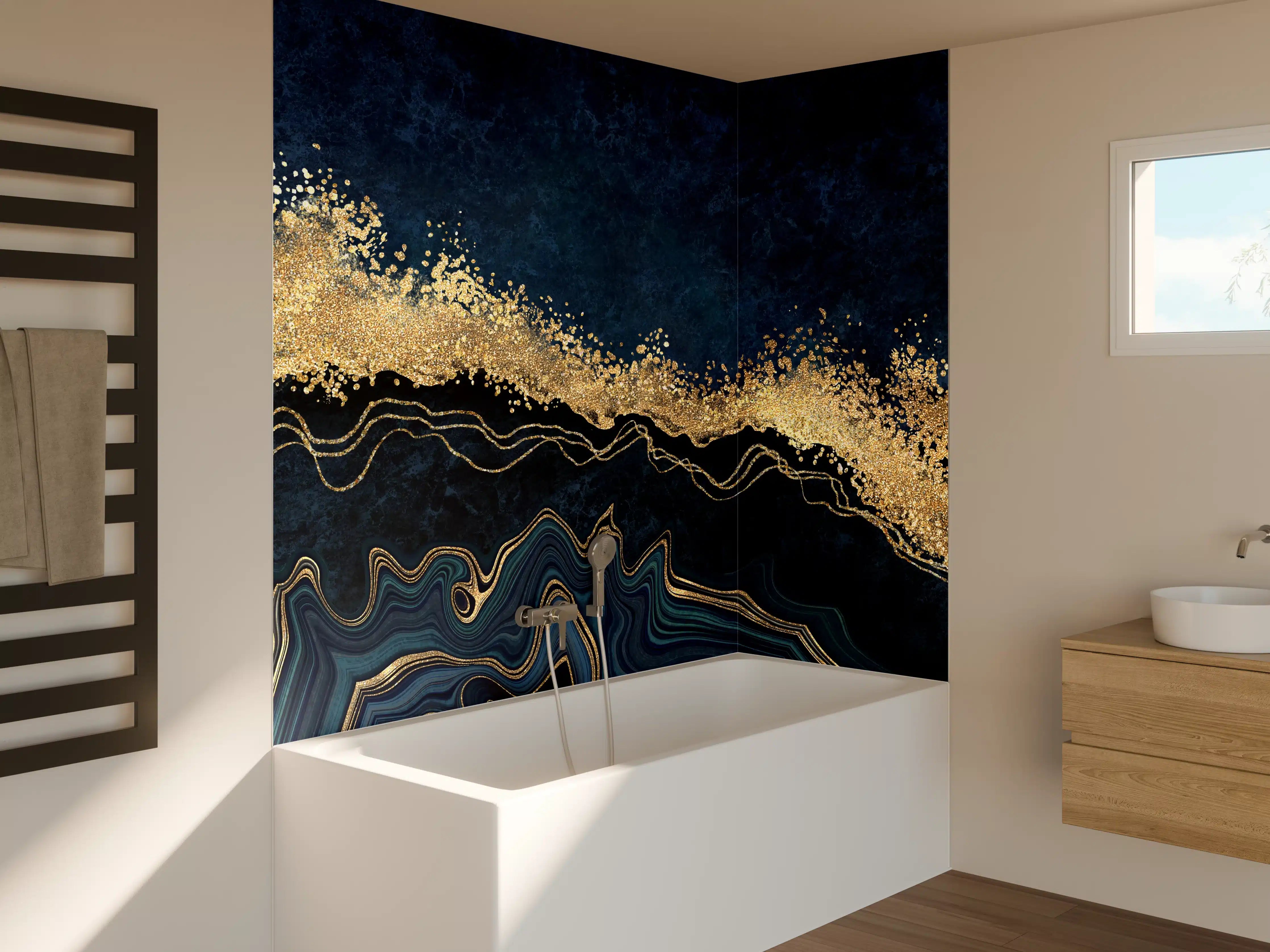 Badewannen-Rückwand - Elegante Marine-Gold-Textur