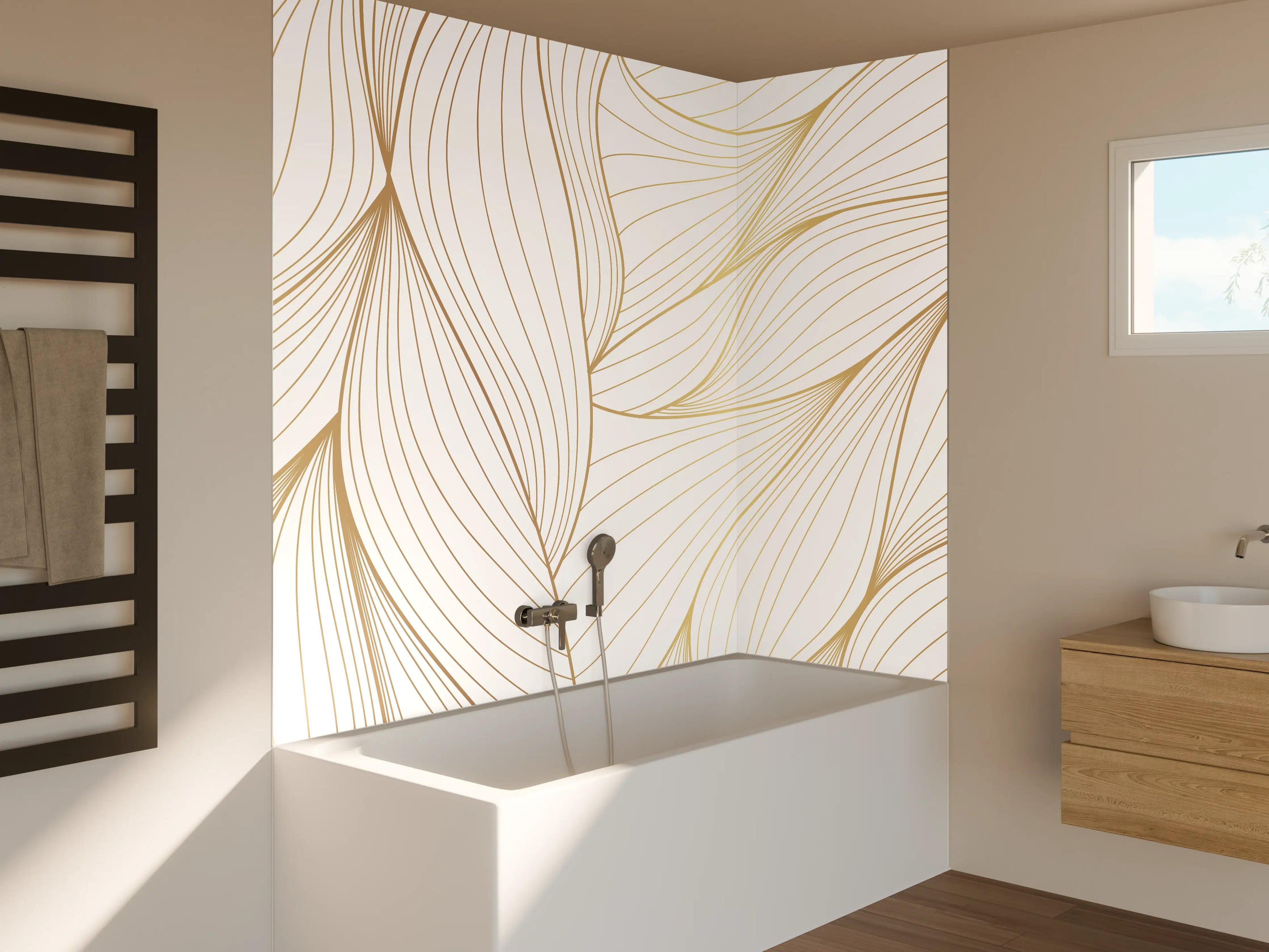 Badewannen-Rückwand - Elegante Weiß-Beige Wellenlinien