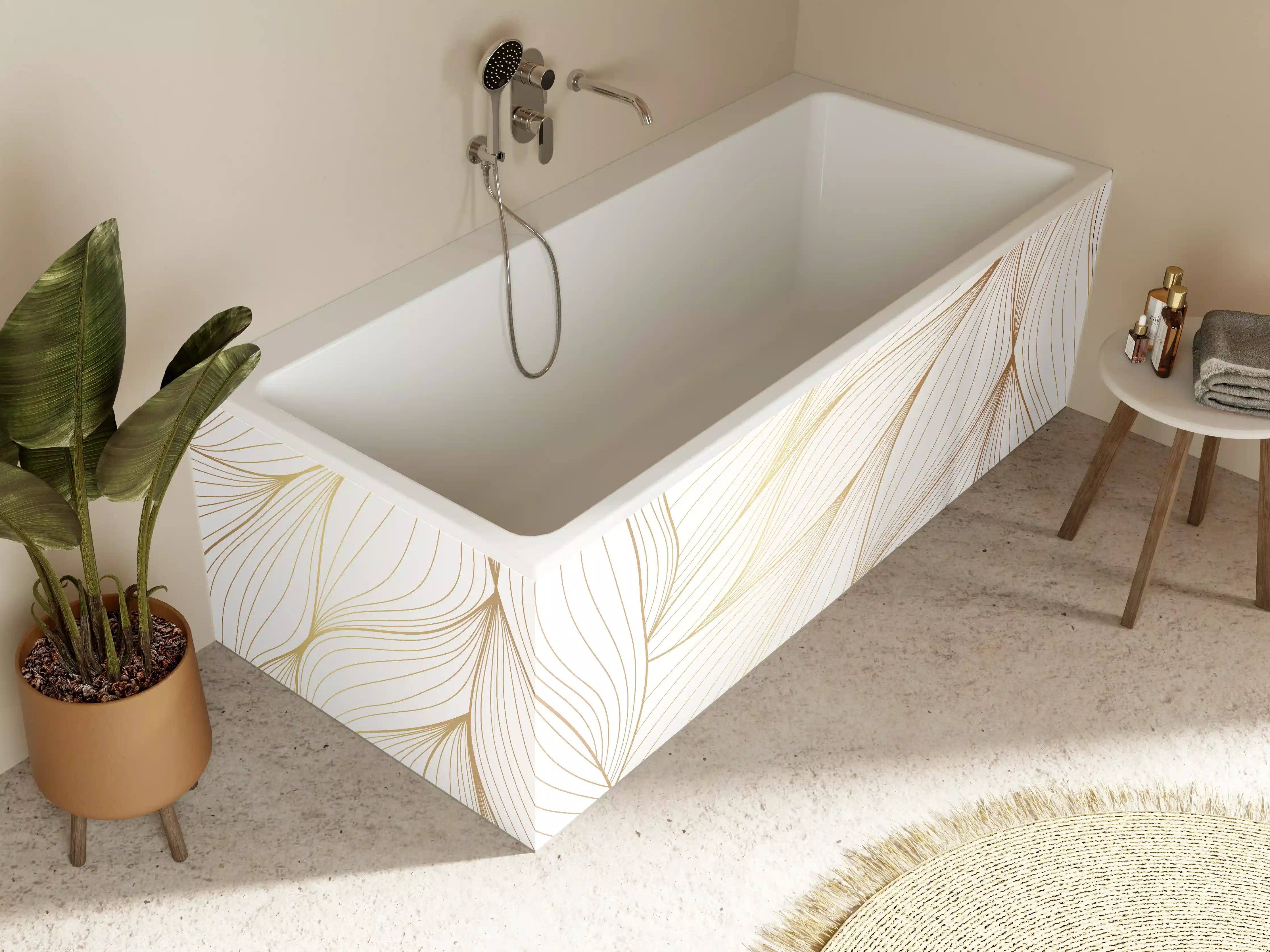 Badewannen-Rückwand - Elegante Weiß-Beige Wellenlinien