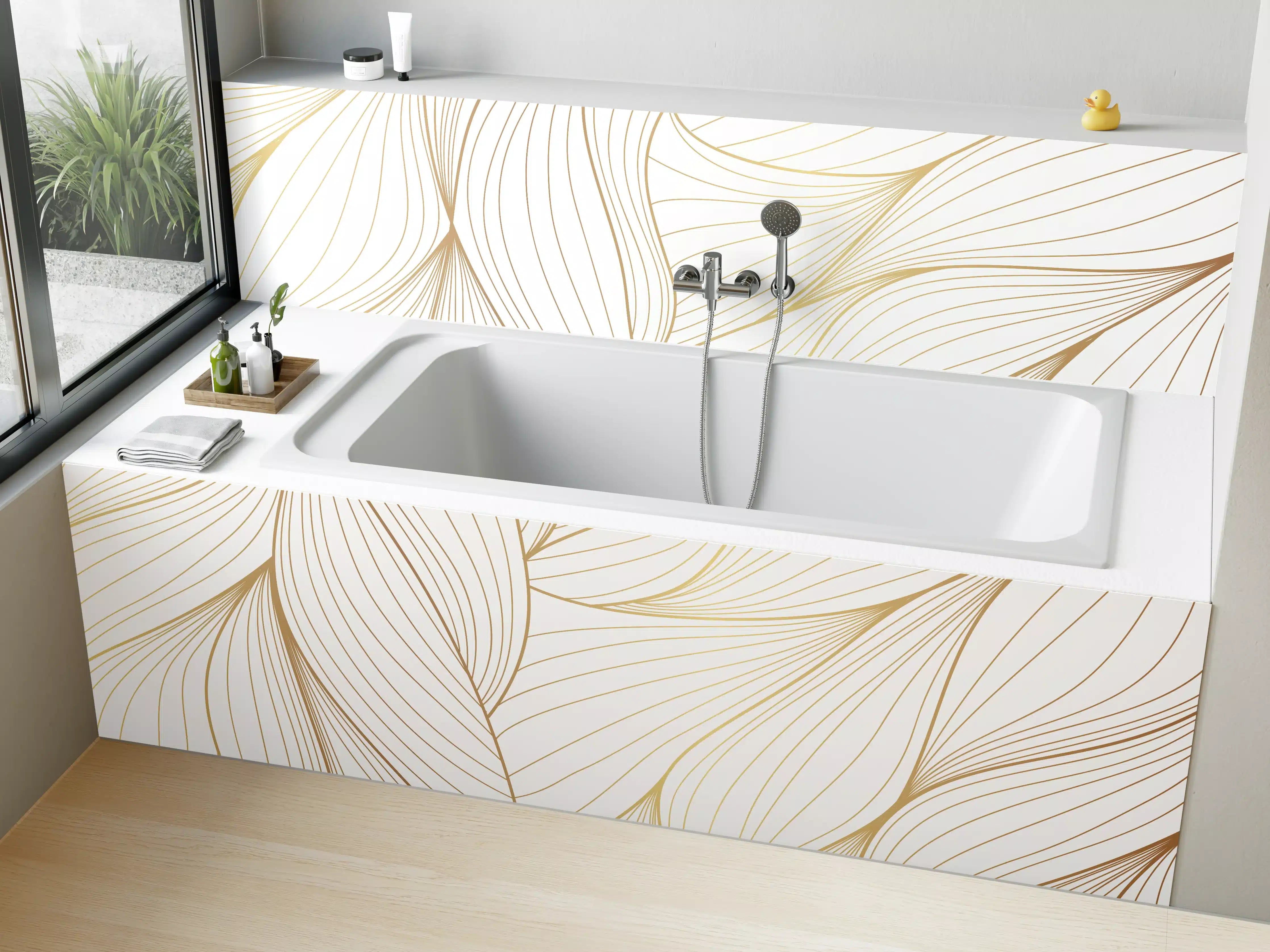 Badewannen-Rückwand - Elegante Weiß-Beige Wellenlinien
